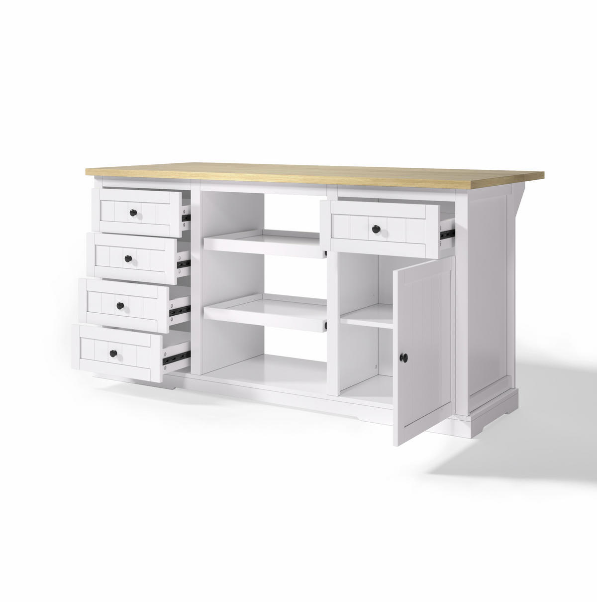 SIDEBOARD 150/65/75,5 cm in Weiß/Natur mit Klappplatte und Steckdosen - Naturfarben, Holzwerkstoff (150/75.5/65cm) - Flora Grace