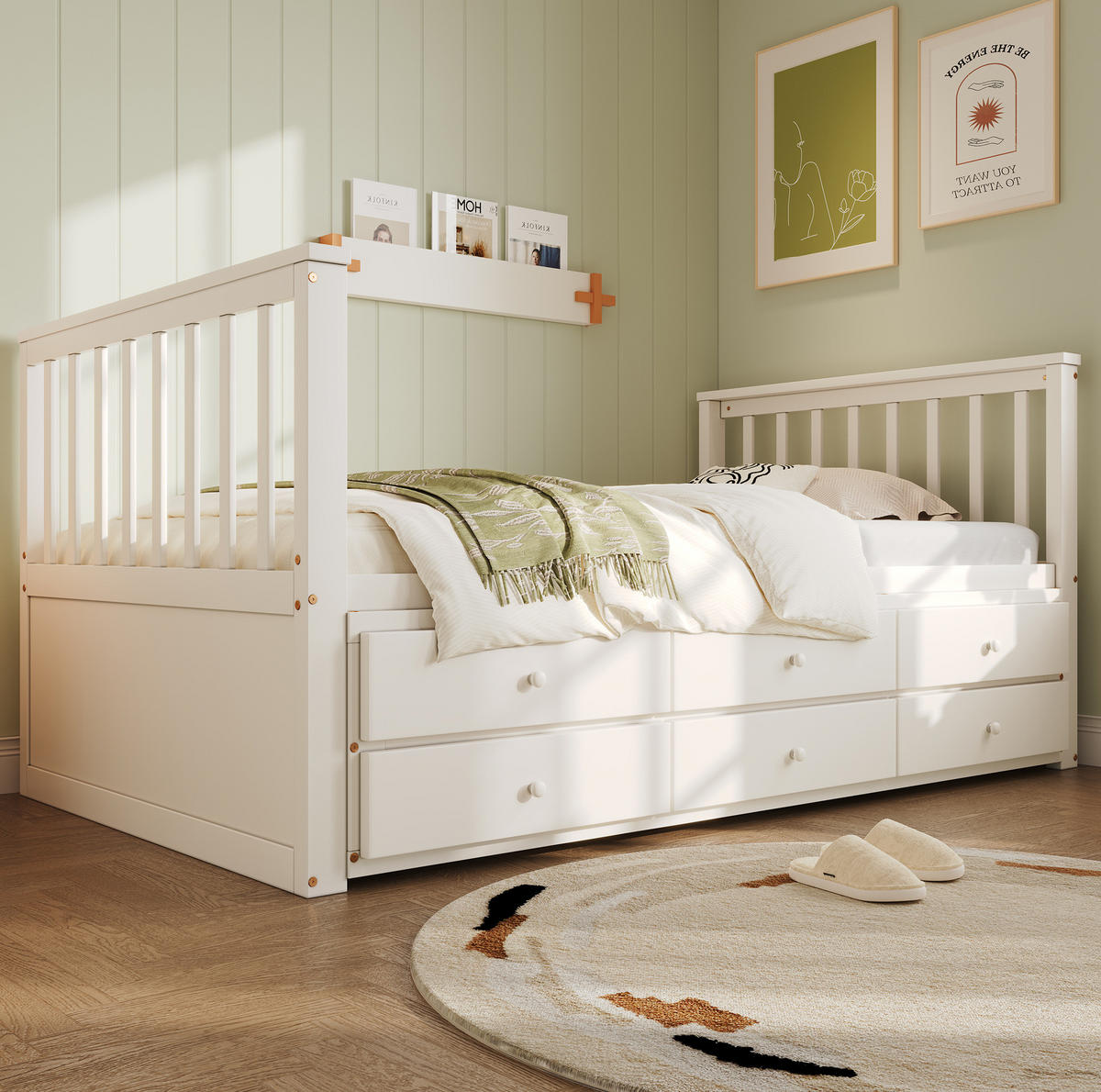 TAGESBETT aus Kiefernholz und MDF 90x200 cm Weiß mit Ausziehbett und 3 Schubladen - Weiß, Holzwerkstoff (90/200cm) - IVMEU