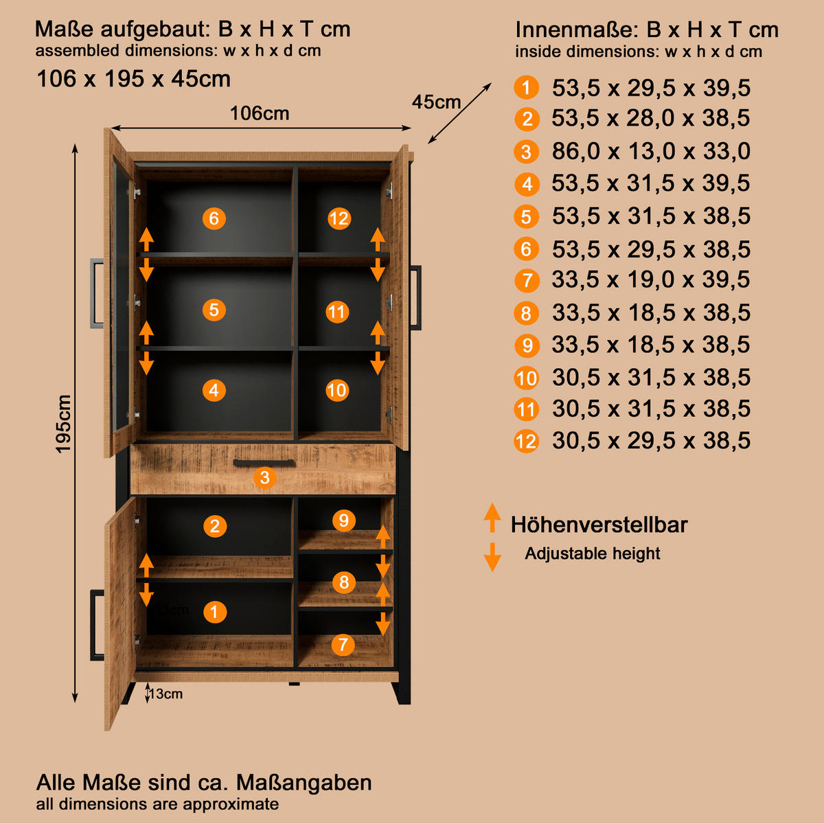 VITRINE Mango, schwarz 106 x 195 cm, Vitrinenschrank für Wohn- und Esszimmer - Schwarz/Naturfarben, Glas/Holzwerkstoff (106/195/45cm) - Top.Furn