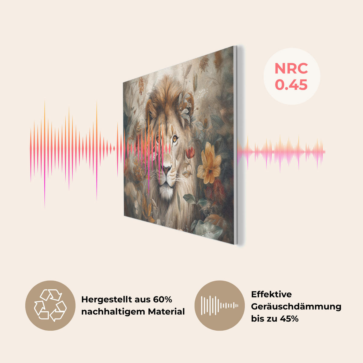 AKUSTIKBILD Löwe - Wildtiere - Pflanzen - Natur - Blumen Akustikpaneele 90x60 cm - Beige, Kunststoff (90/60/0.9cm) - MuchoWow
