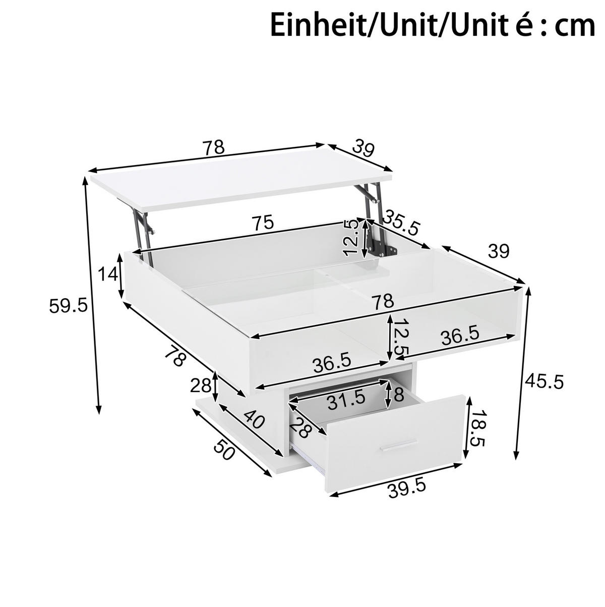 COUCHTISCH 78/78/45,5-59,5 cm höhenverstellbar mit LED-Beleuchtung, Stauraum und Glasboden aus Spanplatte, Weiß - Weiß, Holzwerkstoff (78/78/59.5cm) - Redom