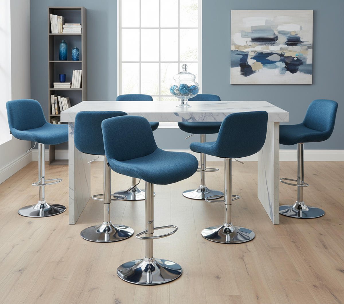BARHOCKER 2er Set Salomon Chrom Stoff blau - Blau/Chromfarben, Metall (50/106/52cm) - TPFLiving