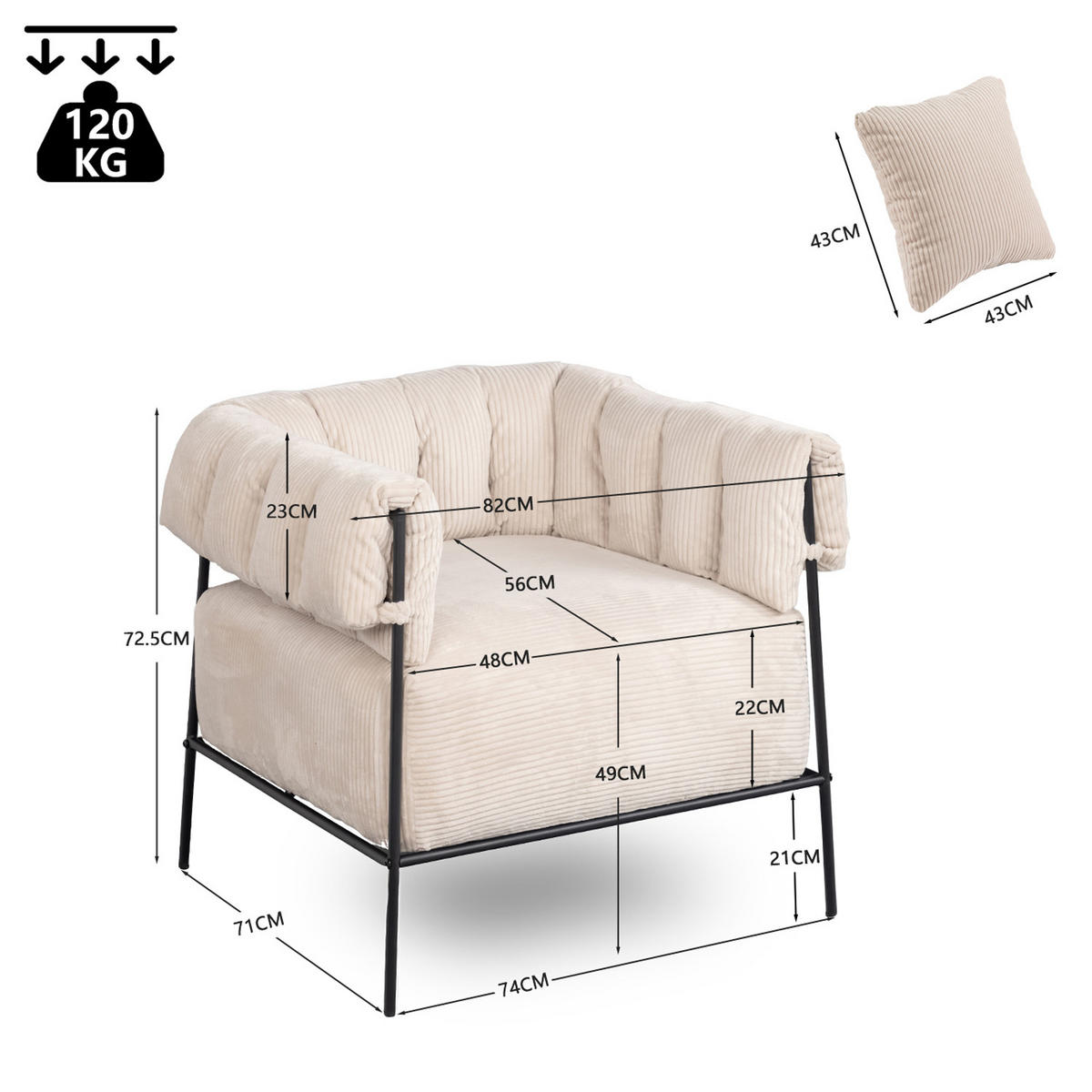 LOUNGESESSEL in Cord Beige - Beige, Metall (74/72.5/71cm) - Meubles Cosy