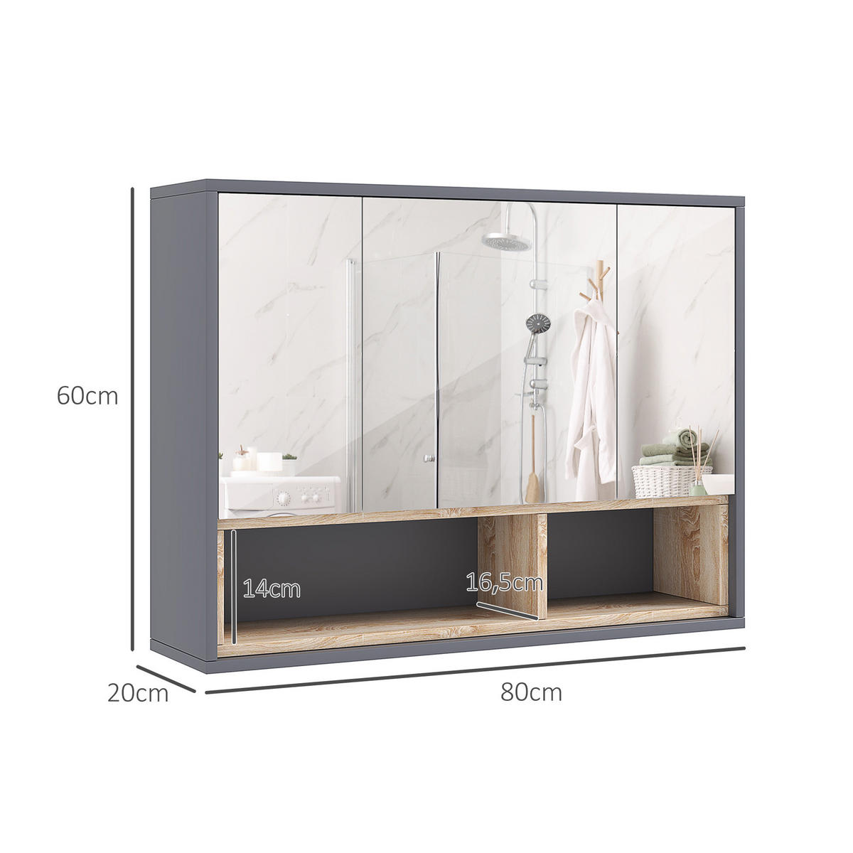 SPIEGELSCHRANK Grau 80/20/60 cm - Grau, Holzwerkstoff (80/60/20cm) - PANGIVO