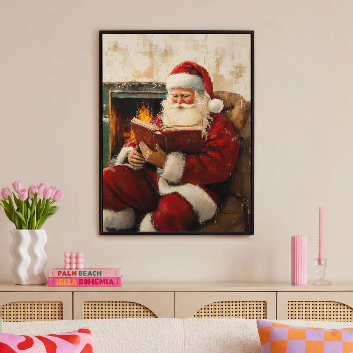 LEINWAND Bilder mit Rahmen - Weihnachten - Weihnachtsmann - Winter - Open Fireside - 70x100 - Dunkelrot, Textil (70/100cm) - MuchoWow