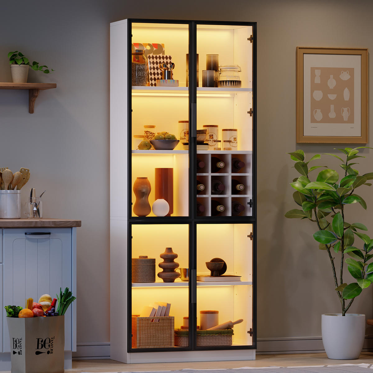VITRINE LED Glasvitrine Glastüren Hochschrank Weinregal 200cm - Weiß, Holzwerkstoff (80/200/35cm) - FLIEKS
