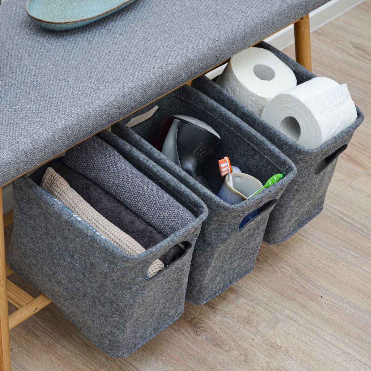 BAMBUS-SITZBANK 90/34/44 mit 3 Filzkörben - Braun, Kunststoff (90/44/90cm) - Dunedesign