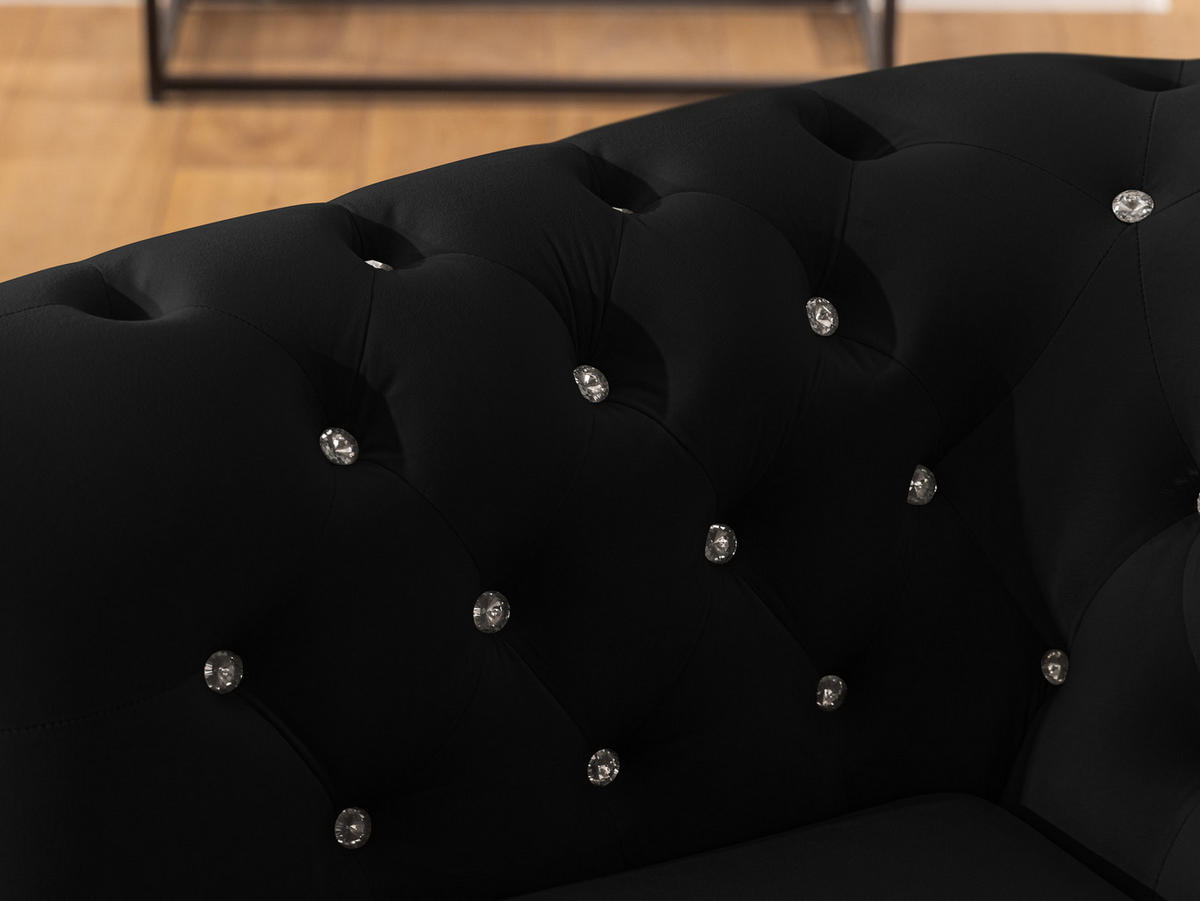 SITZGARNITUR 3+2 Chesterfield Cleo Blink Schwarz Samt mit Kristallsteppung und braunen Massivholzfüßen - Schwarz/Braun, Holz/Textil (203/72/86cm) - S-Style Möbel