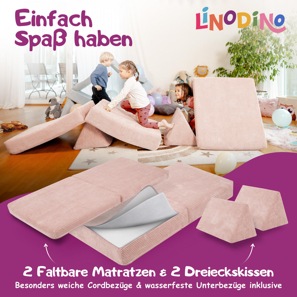 KINDERSOFA Spielparadies - Rosa, Textil (66/52/150cm) - Linodino