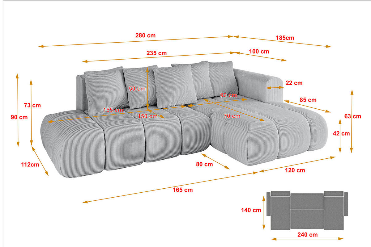 ECKSOFA Ottomane Rechts CLOUD-L-v1 280x185x90 Grau Cord - Grau, Holzwerkstoff/Kunststoff (185/280cm) - ALTDECOR