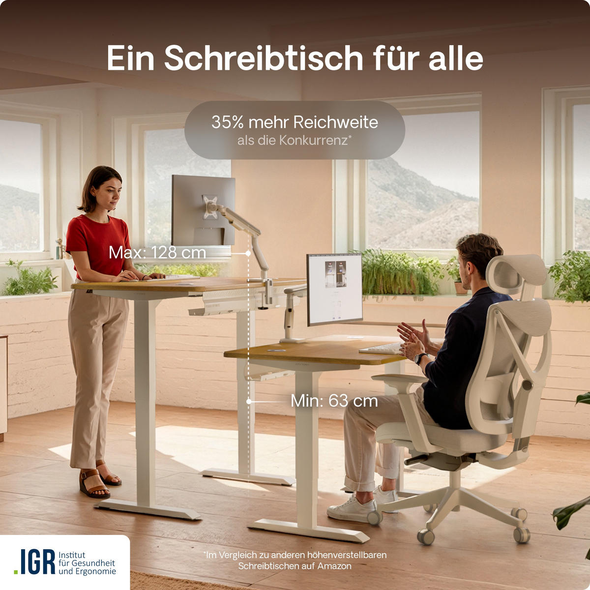 SCHREIBTISCH Elektrisch Höhenverstellbarer HomePro 140x70cm Weiß/Massive Eiche mit Memory-Funktion, Anti-Kollisions Technologie - Eichefarben/Weiß, Holz (70/140/63.5cm) - Desktronic