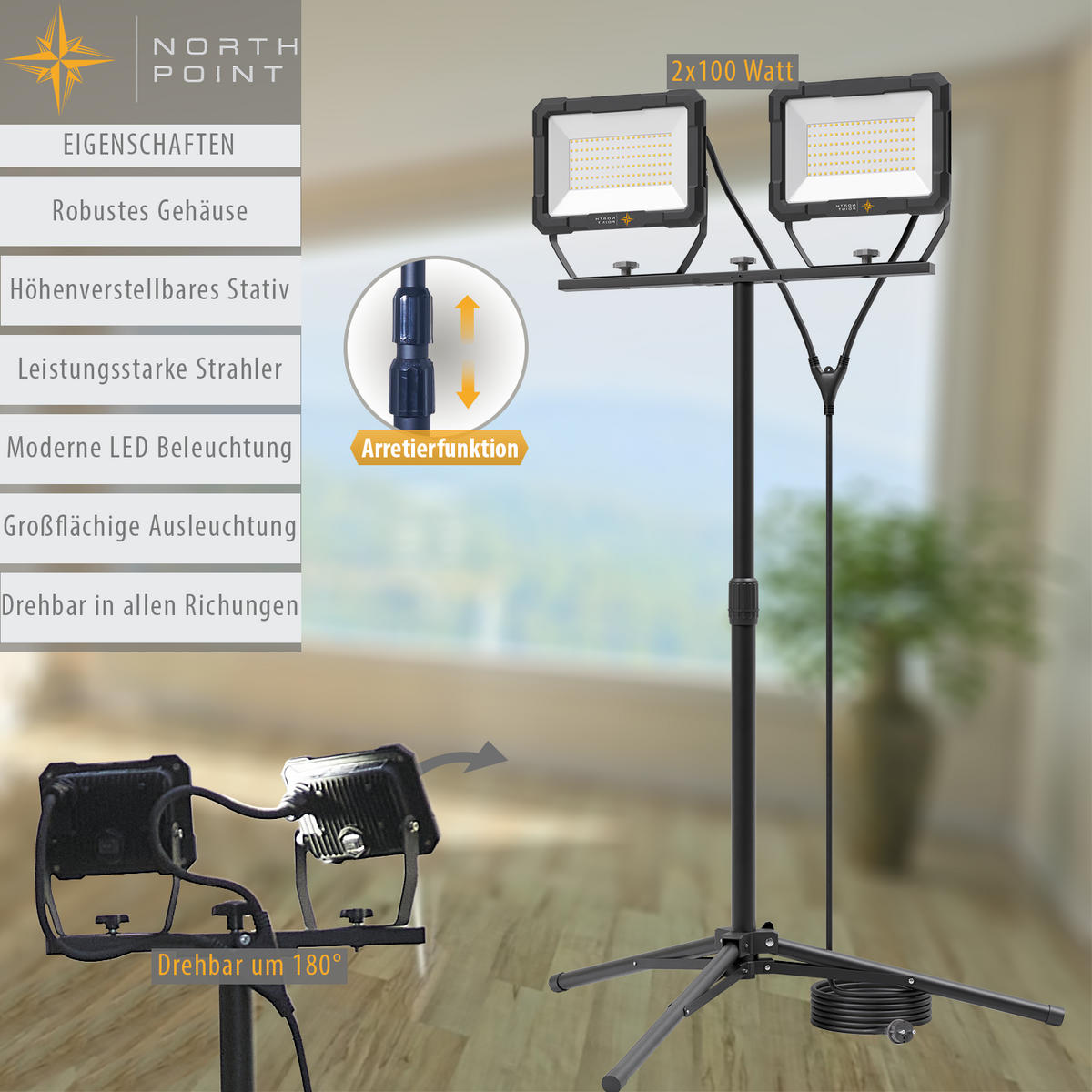 LED-DOPPELBAUSTRAHLER - 2x100W mit Stativ für Innen- und Außenbeleuchtung, 2er-Set - Schwarz, Metall (118/118/164cm) - Northpoint