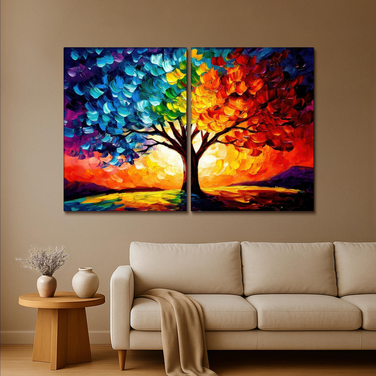 LEINWANDBILD 2er Set Baum - Farbenfroh - Malerei-Look - Abstrakt 180x120 cm - Multicolor, Textil (180/120cm) - MuchoWow