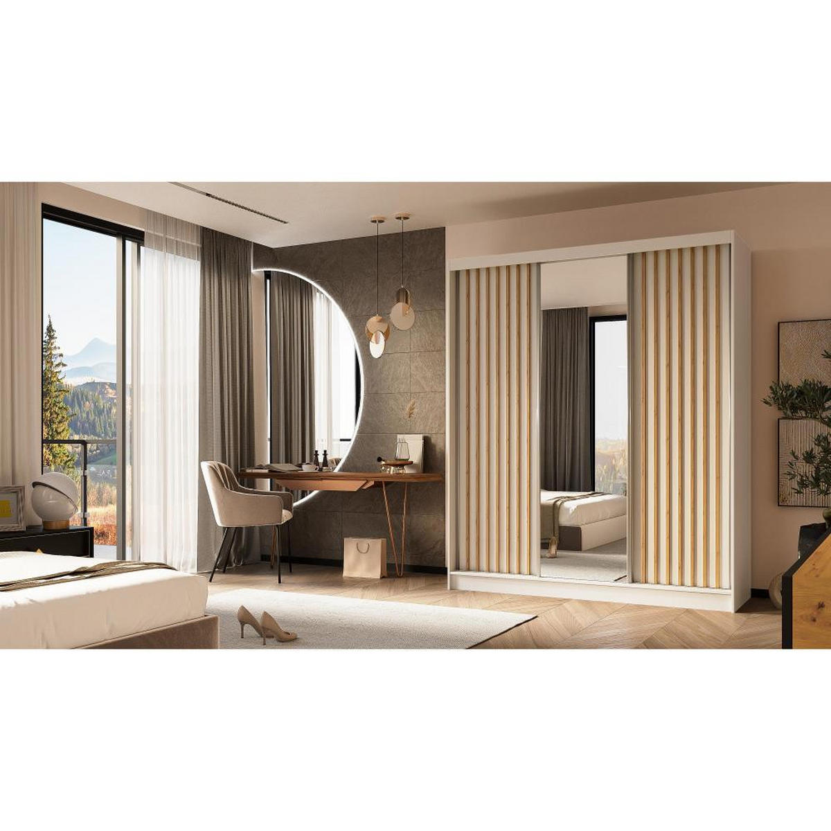 SCHWEBETÜRENSCHRANK Helix 180/216/61 weiß+eiche artisan mit Schubladeneinsatz - Weiß/Eiche Artisan, Holzwerkstoff (180/216/61cm) - Beautysofa