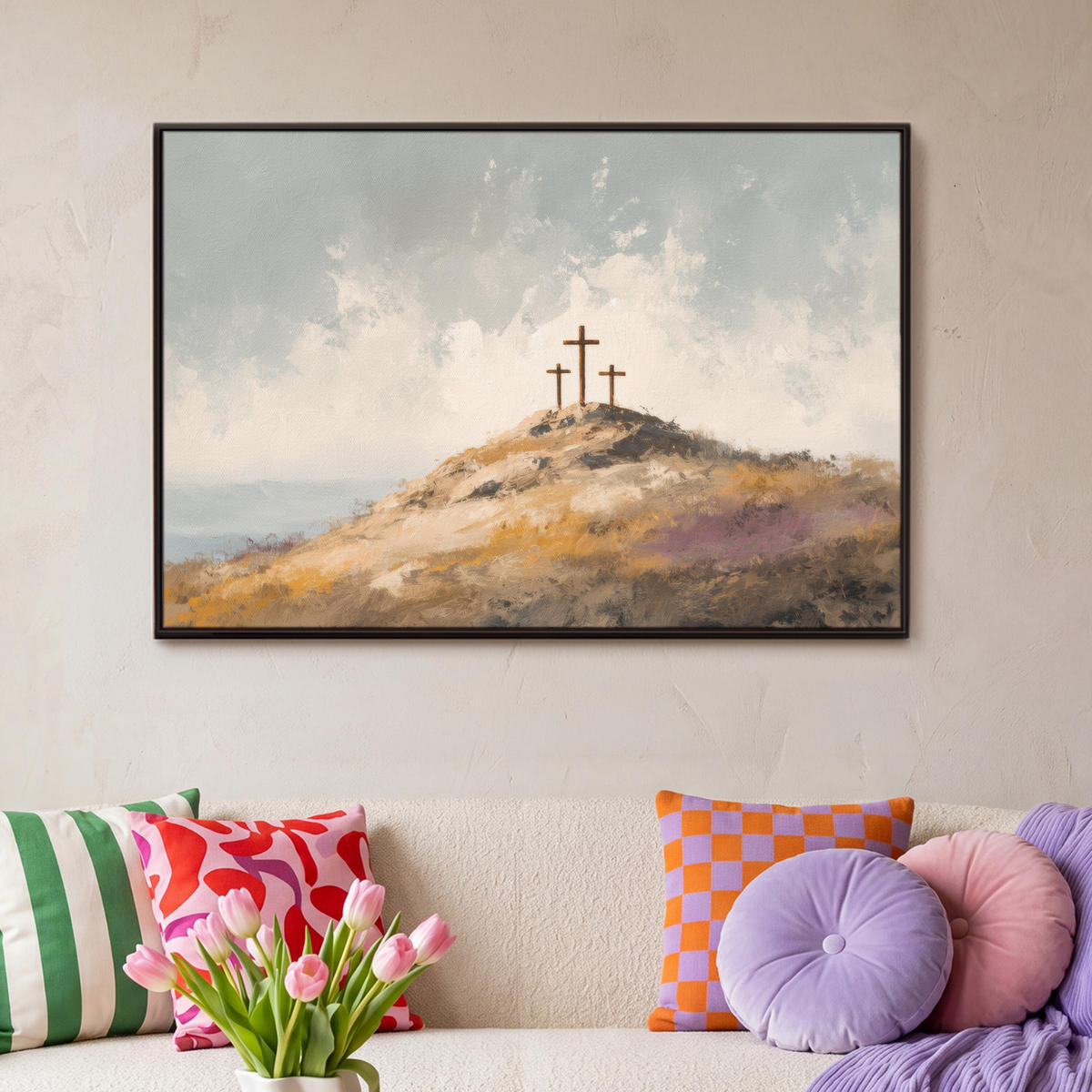 LEINWAND Bilder mit Rahmen - Hügel - Abstrakt - Christentum - Kreuz - 90x60 - Hellgrau, Textil (90/60cm) - MuchoWow
