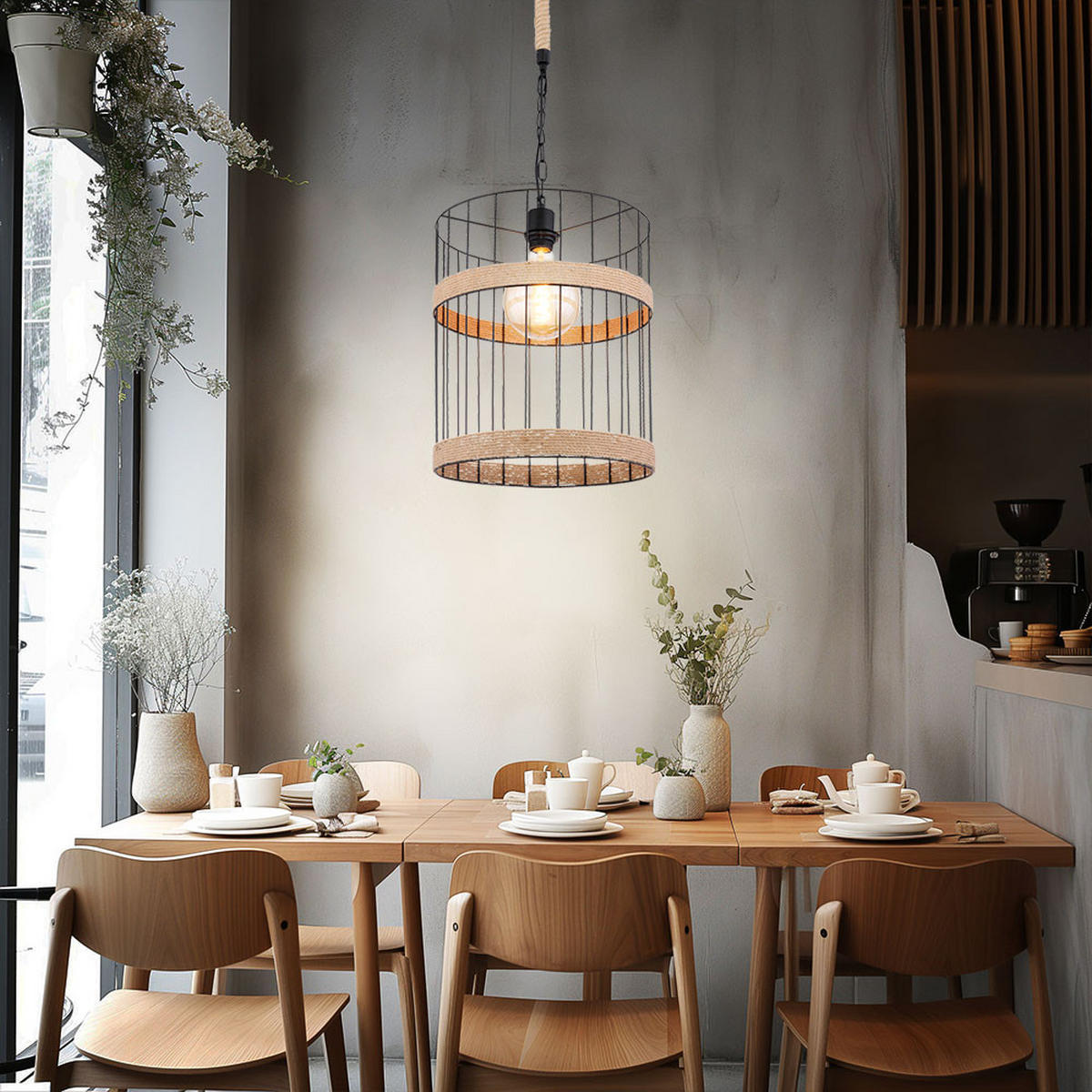 HÄNGELEUCHTE Gitteroptik Schwarz Hanfseil - Schwarz, Metall (35/35/145cm) - Globo Lighting