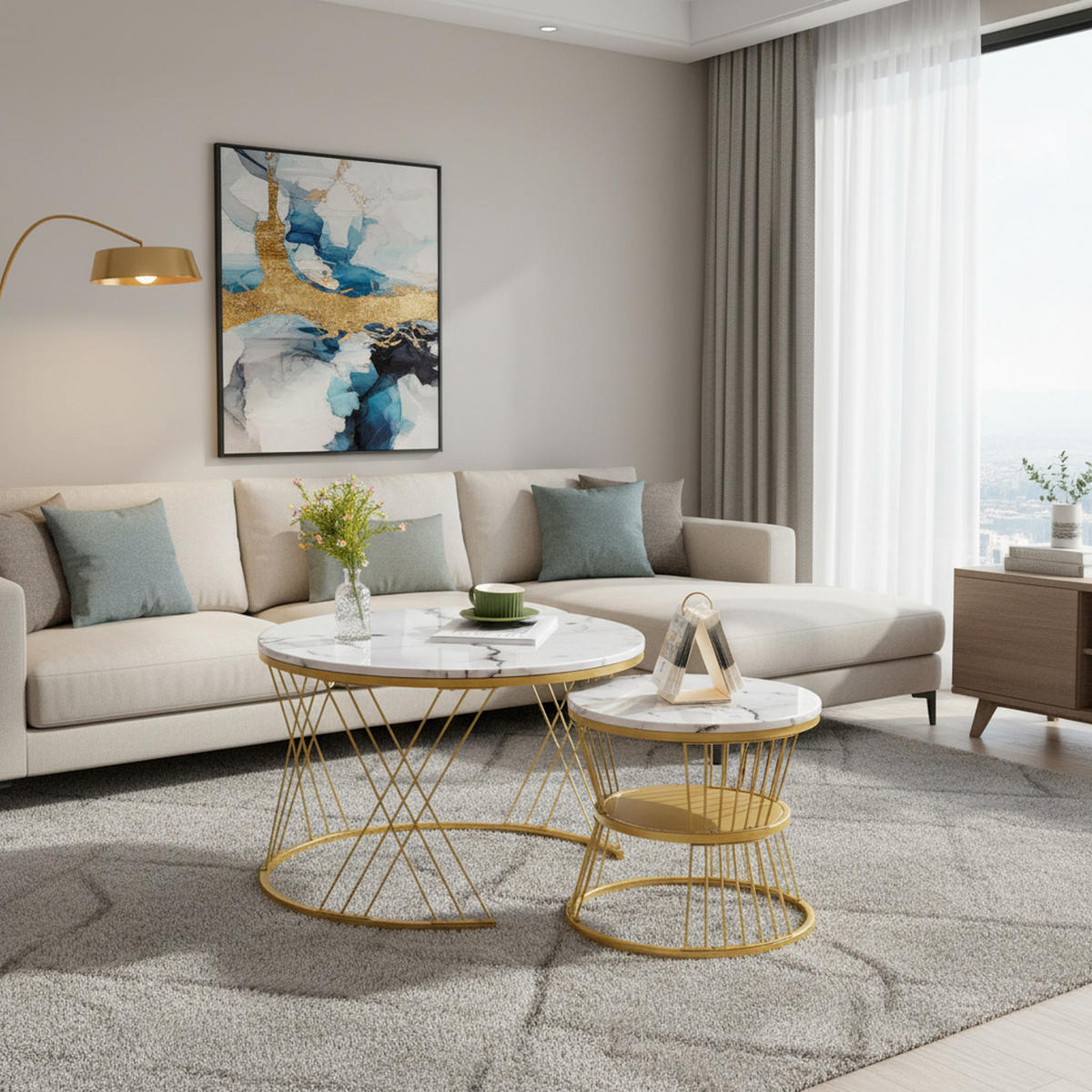 COUCHTISCH Nesting 2er-Set in Weiß Marmor-Optik - Weiß, Holzwerkstoff (70/70/45cm) - Urban Meuble