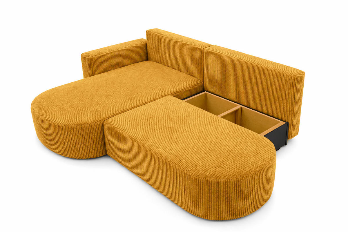 ECKSOFA Mit Schlaffunktion Und Bettkasten, Cordstoff Poso, Senffarbe, Links, ROUND ONE OPEN XL - Gelb, Holz (262/175cm) - Kaiser Möbel