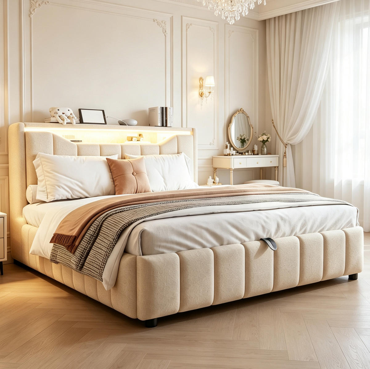 POLSTERBETT 140x200 cm in Beige mit hydraulischem Stauraum, LED und USB-/USB-C-Anschlüssen - Beige, Textil (140/200cm) - IVMEU