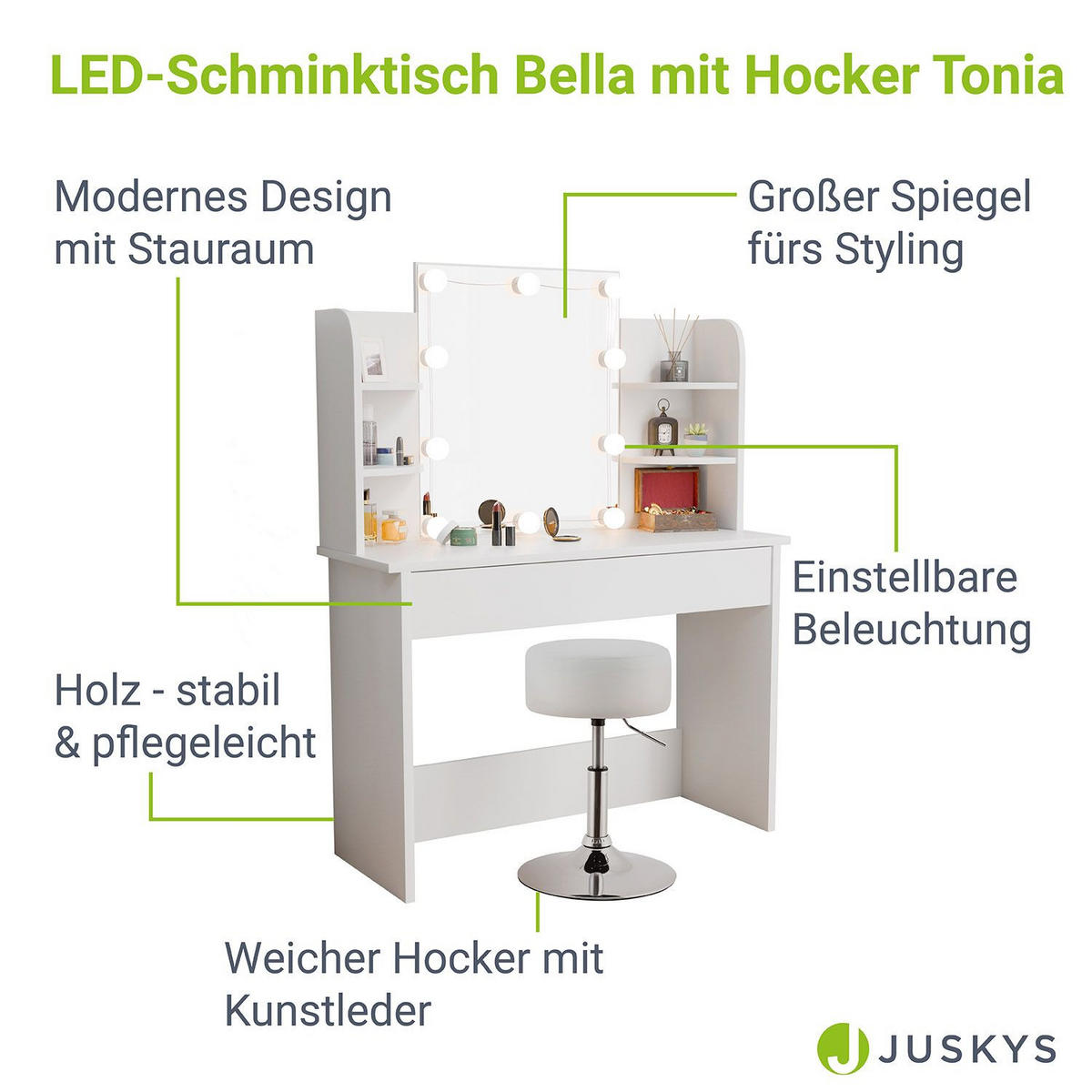 SCHMINKTISCH Bella mit LED und Hocker Tonia - Weiß, Holz (40/140/108cm) - Juskys