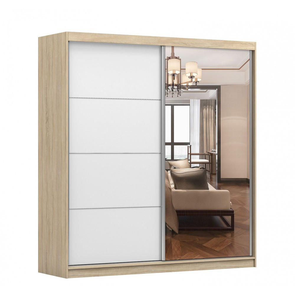 imoebel24 Schwebetürenschrank Sonoma Eiche, Weiß 203x218x61 cm