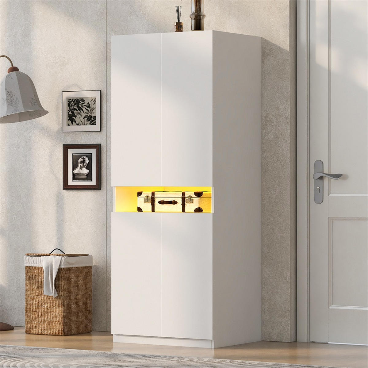KLEIDERSCHRANK mit LED-Beleuchtung & Kleiderstange - 4 Türen & Offenes Fach - 70 × 55 × 180 cm - Weiß - Weiß, Holzwerkstoff (70/180/55cm) - DELFA