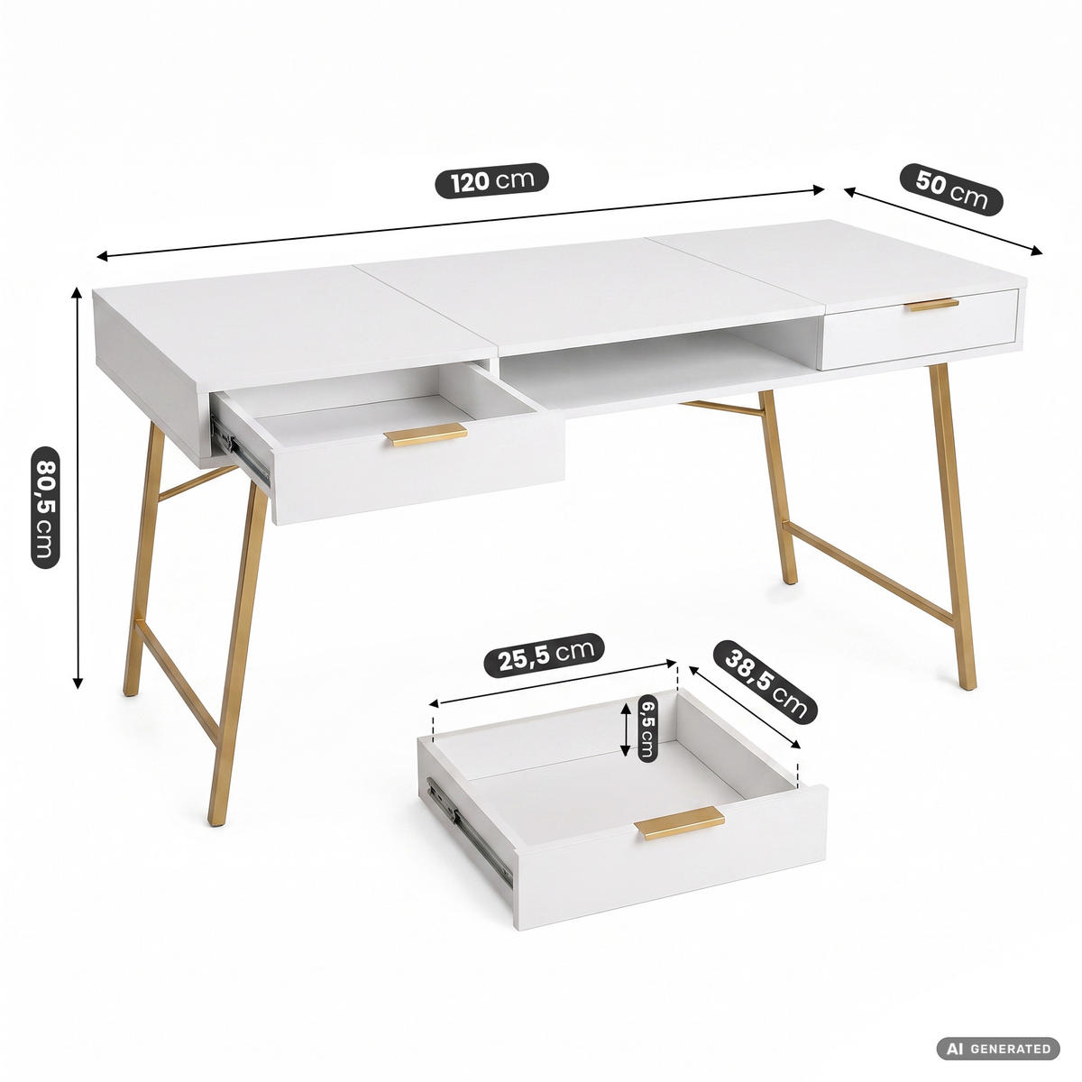 SCHREIBTISCH ARDEN 120 cm Weiß - Goldfarben/Weiß, Holzwerkstoff (120/50/80.5cm) - Akord