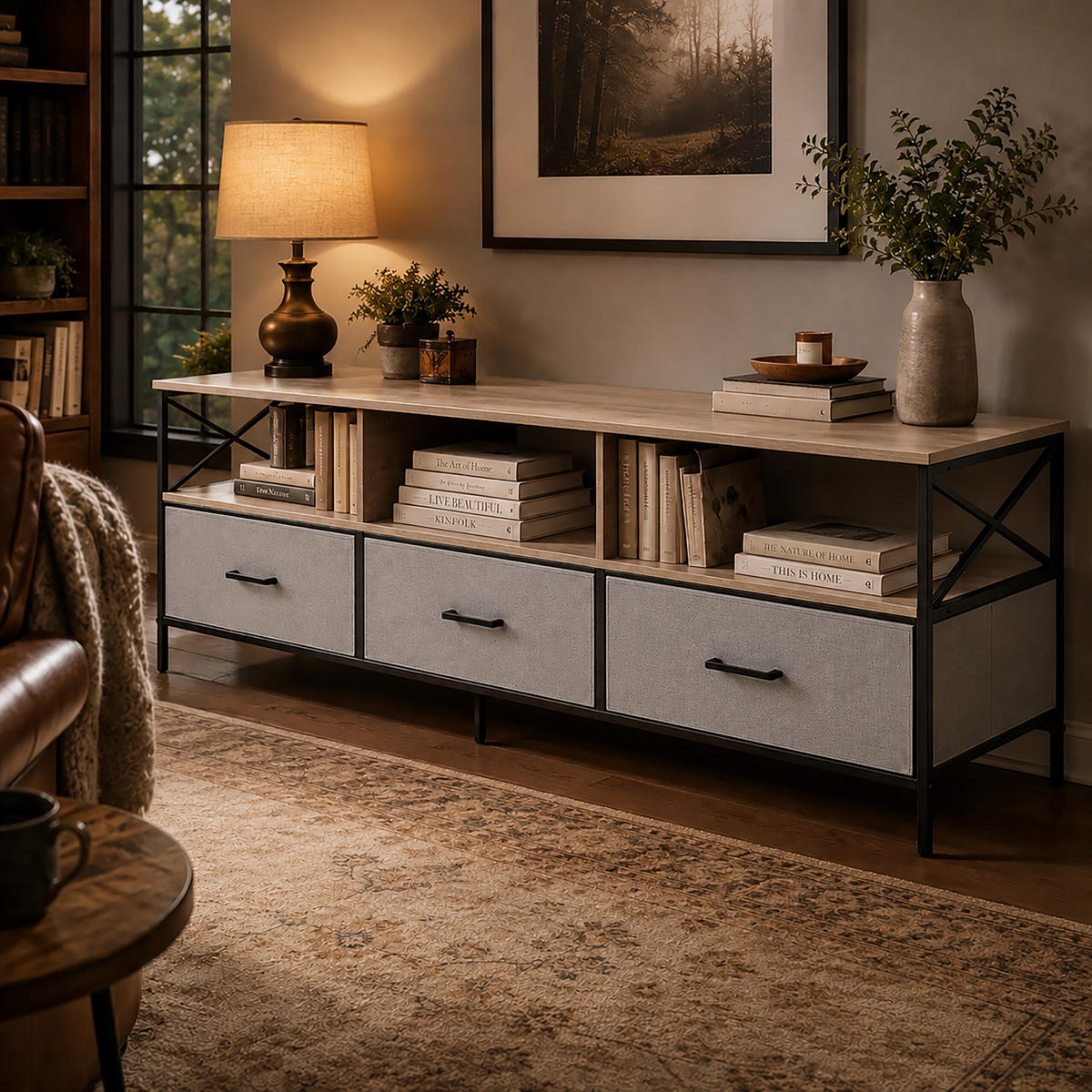 TV-LOWBOARD Greige-Schwarz Stoffschubladen 170 cm - Multicolor, Holzwerkstoff/Textil (170/50/40cm) - Relaxdays