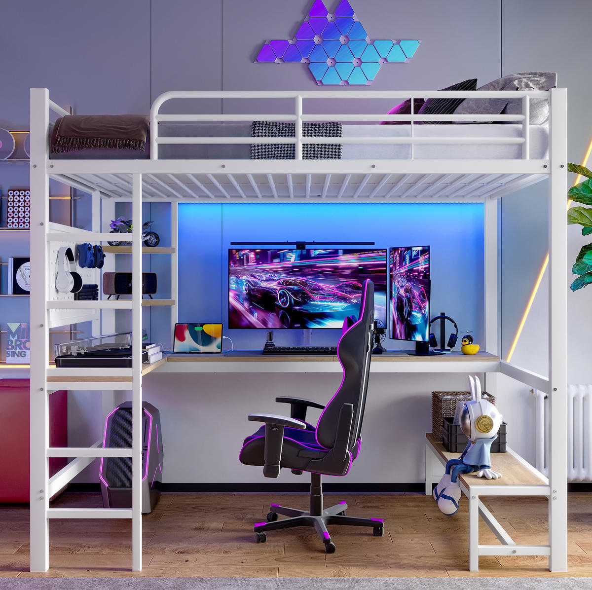HOCHBETT 90/200 cm aus Metall mit Schreibtisch und LED-Leiste, Weiß - Weiß, Metall (90/200cm) - OKMYHOME