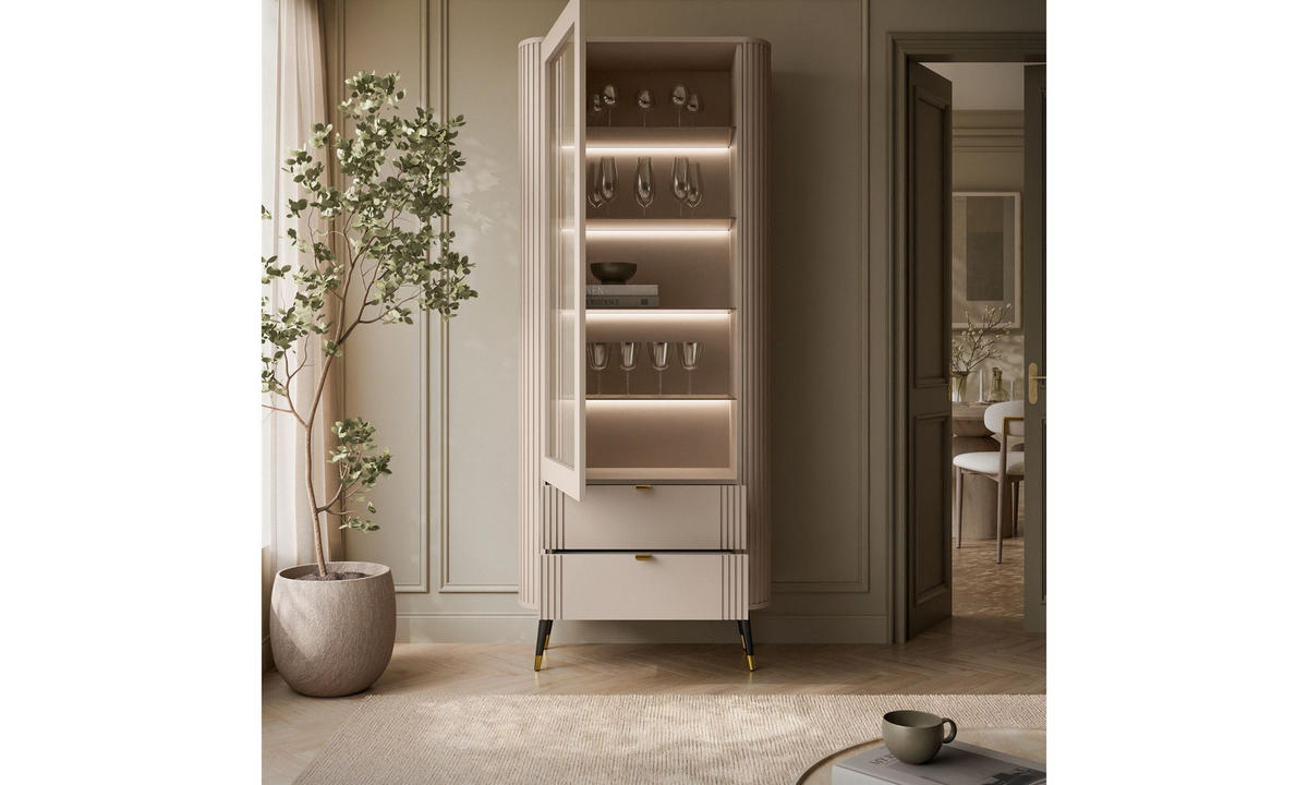 VITRINE YVETTE 78/40/192 cm Kaschmir 2 Schubladen mit LED - Kaschmir/Goldfarben, Holzwerkstoff/Metall (78/192/40cm) - Lookway