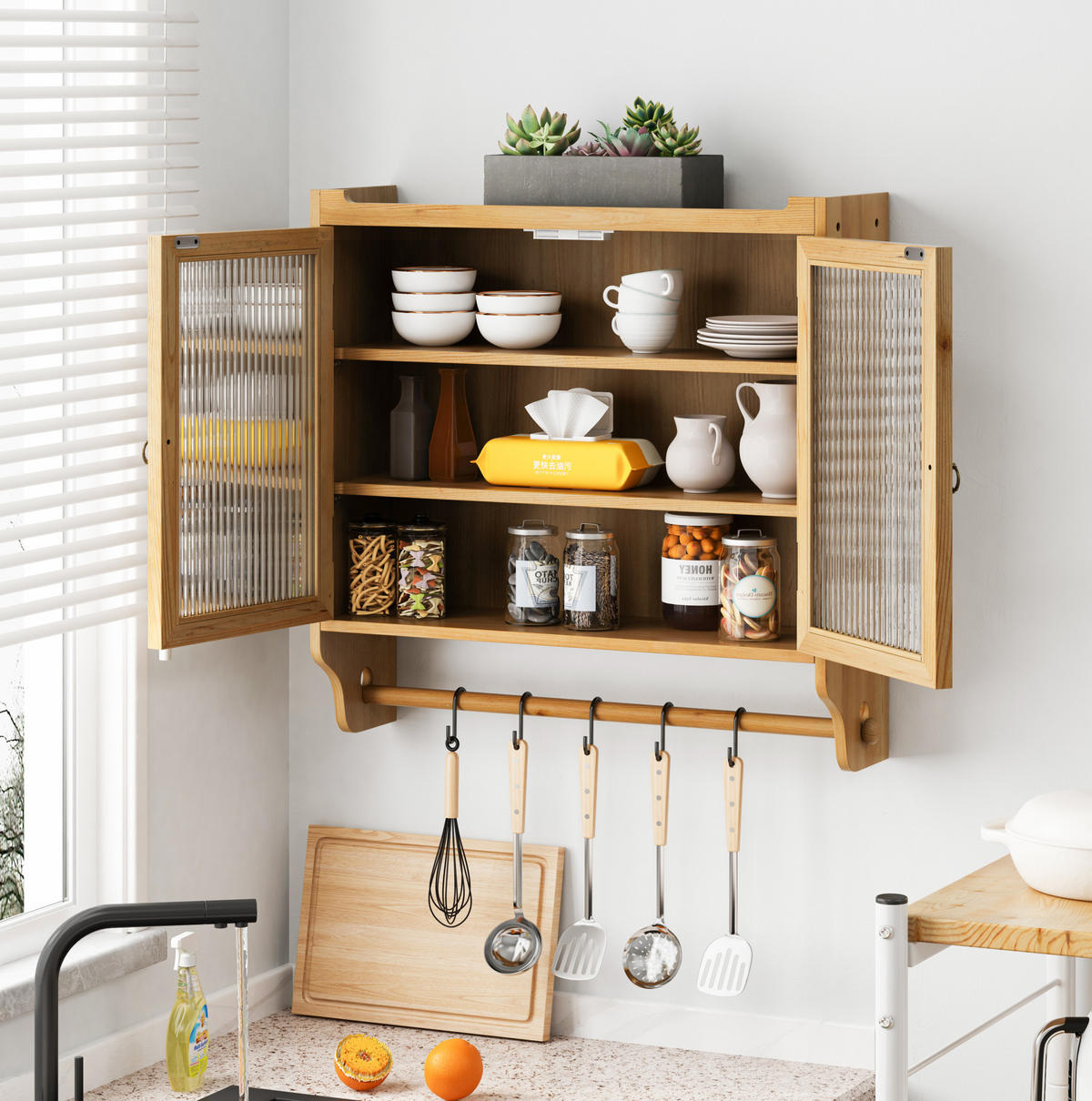 KÜCHENOBERSCHRANK 63x18x60 cm in Natural aus Glas, Massivholz mit Drei-Stufen-Stauraum & Wandmontage - Naturfarben, Holzwerkstoff (63/60/18cm) - Modfu