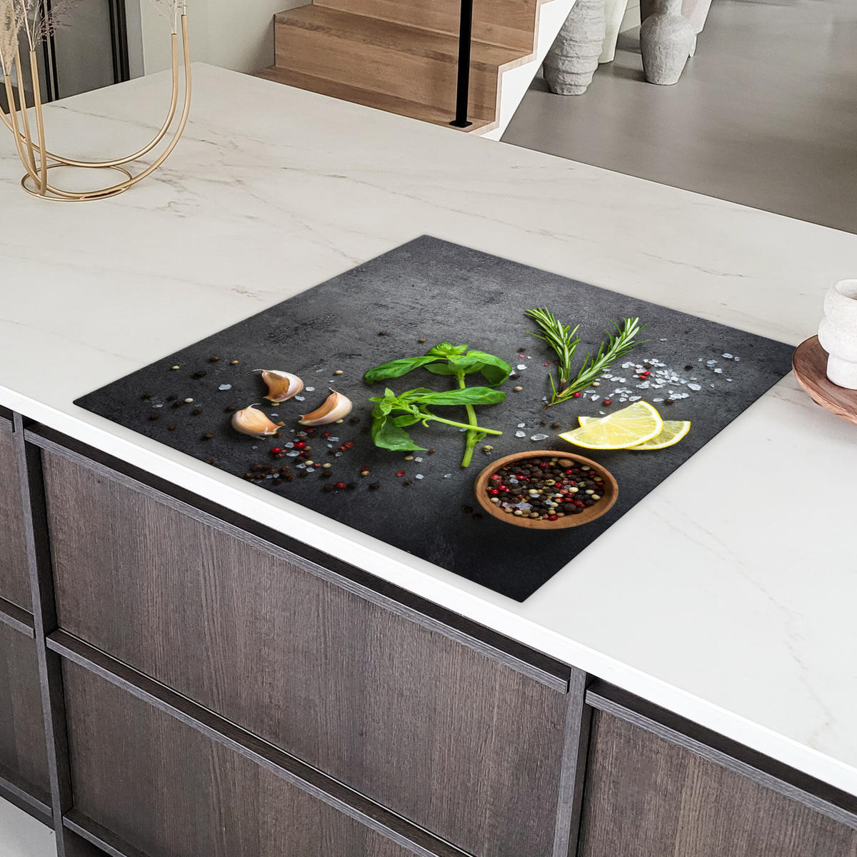 HERDABDECKPLATTE Limette - Kräuter - Gewürze - Grün - Grau - Beton Induktionsmatte 78x78 cm - Grün, Kunststoff (78/78/0.2cm) - MuchoWow