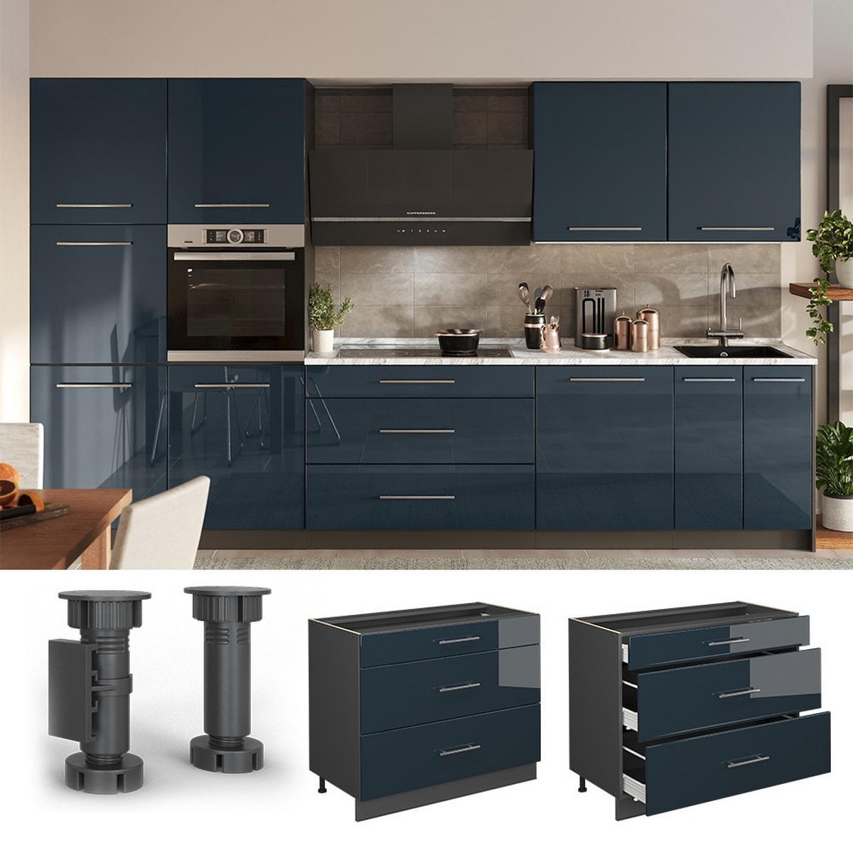 KÜCHENUNTERSCHRANK Fame-Line, Dunkelblau Hochglanz/Anthrazit, 100 cm, AP Anthrazit - Anthrazit/Dunkelblau, Holzwerkstoff (100/82/51.6cm) - Vicco