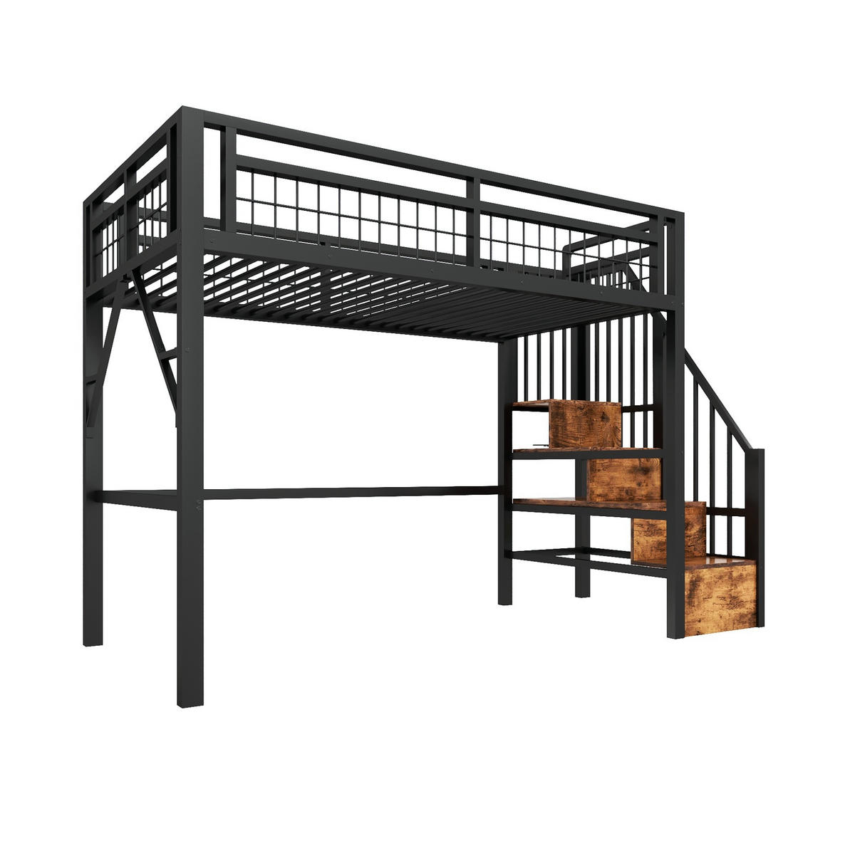 HOCHBETT aus Metall und MDF 90x200 cm Schwarz mit LED-Lichtleiste, Stauraumtreppe und offenem Freiraum - Schwarz, Metall (90/200cm) - Modfu