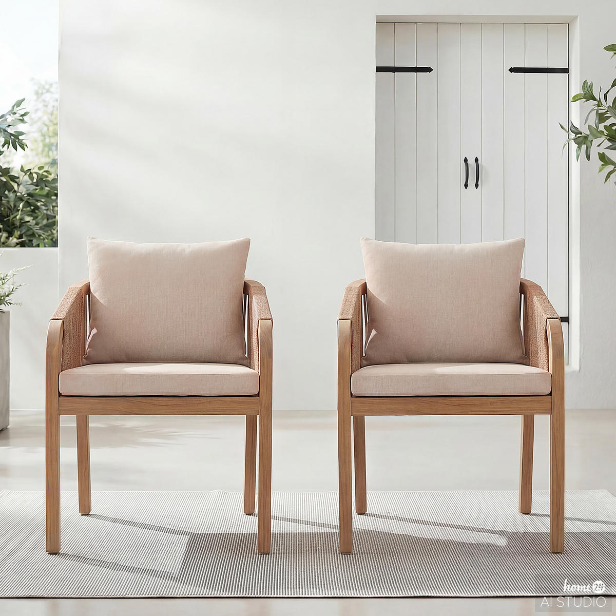 GARTENSTUHL - 2er-Set - Akazie massiv / Webstoff - Beige, Holz/Textil (58/77/62cm) - home24