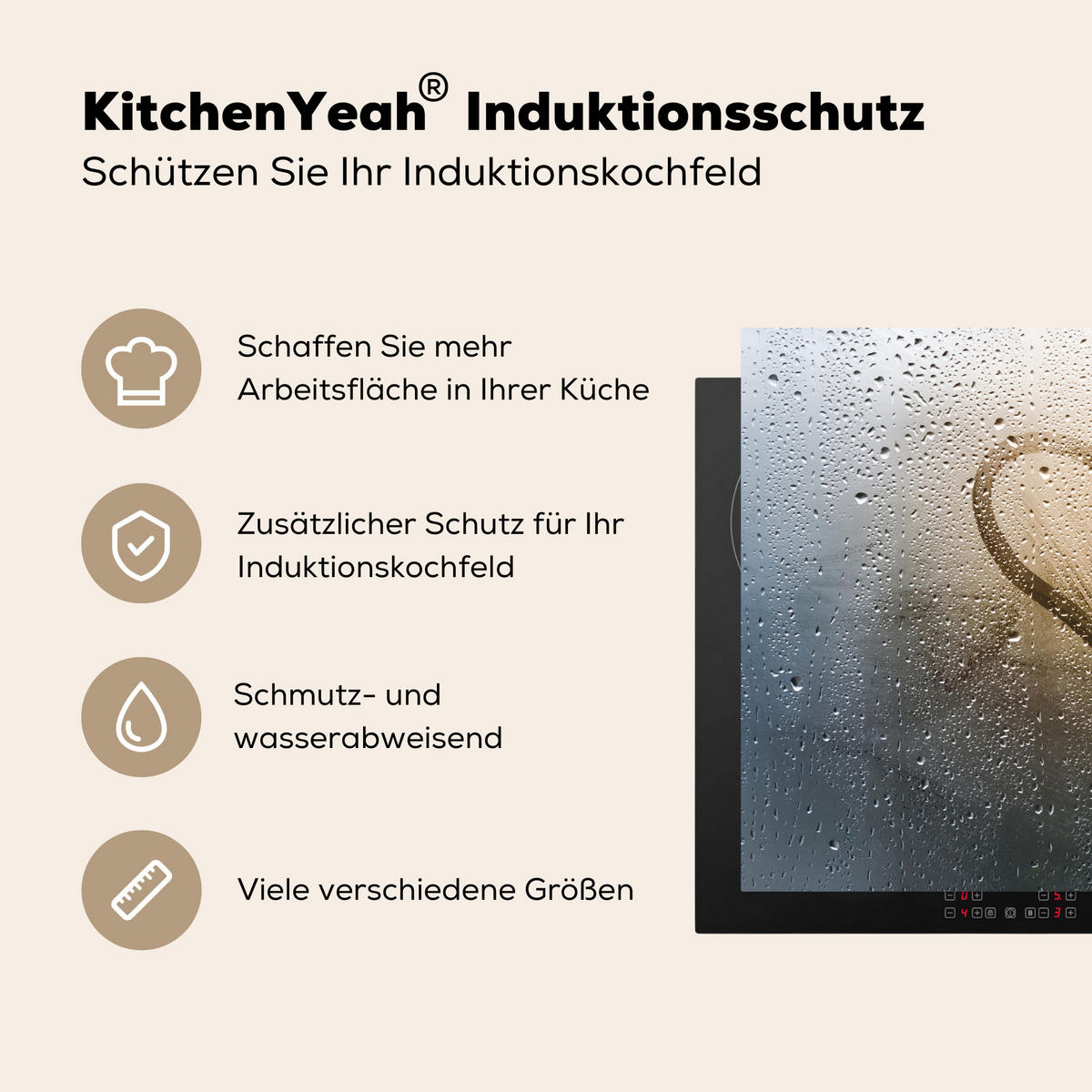 HERDABDECKPLATTE Herz - Kondenswasser - Wasser - 3D Ceranfeldabdeckung 59x52 cm - Grau, Kunststoff (59/52/0.2cm) - MuchoWow