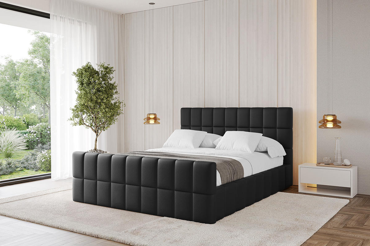 POLSTERBETT mit Bettkasten, Fußteil und Lattenrost, Boxbett ohne Matratze - AMEA-Z 200x200 Schwarz Kunstleder - Schwarz Hochglanz, Holzwerkstoff/Textil (200/200cm) - ALTDECOR