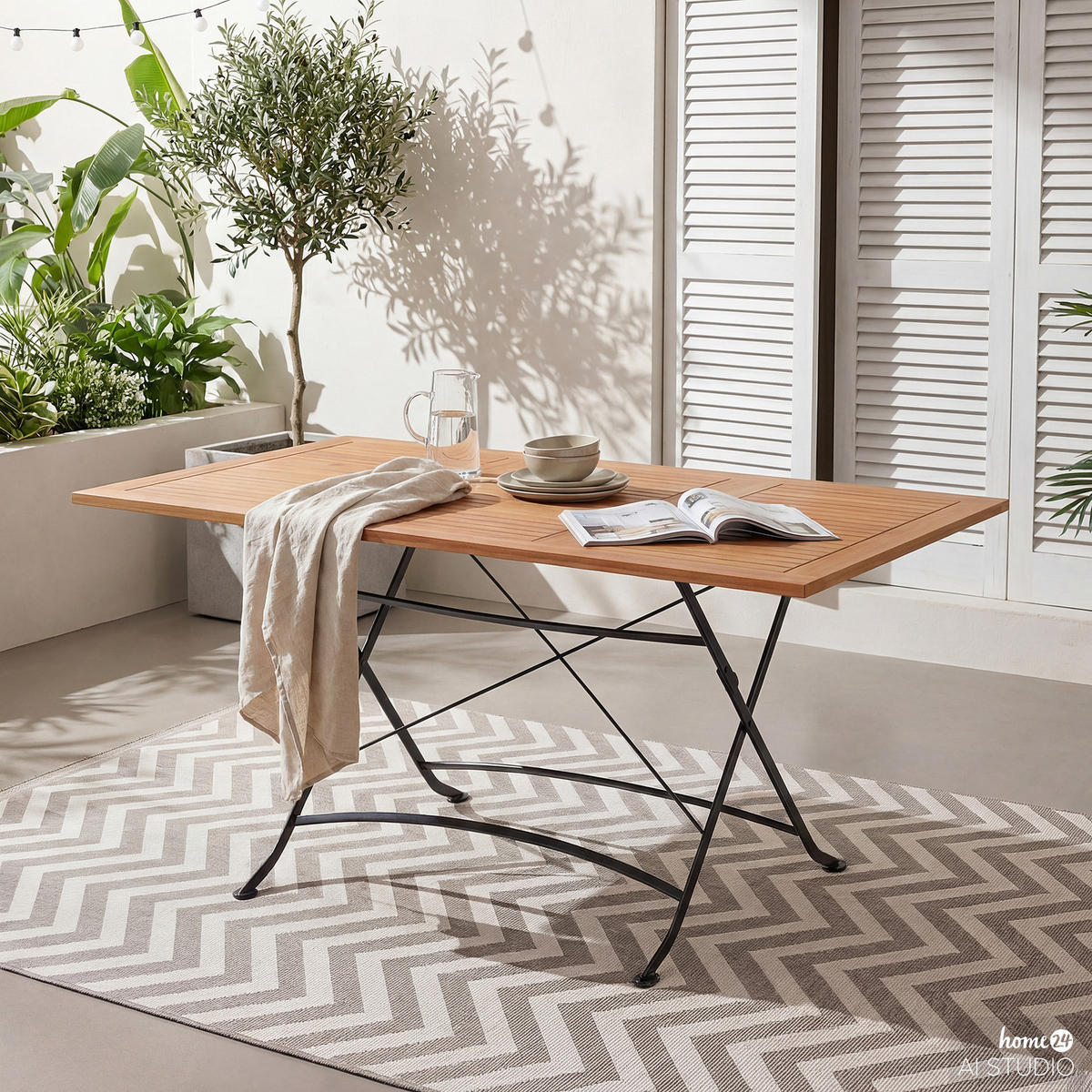 GARTEN-AUSZIEHTISCH - Akazie massiv / Stahl - Akazie / Schwarz - Schwarz/Akaziefarben, Holz/Metall (90/110/75cm) - home24