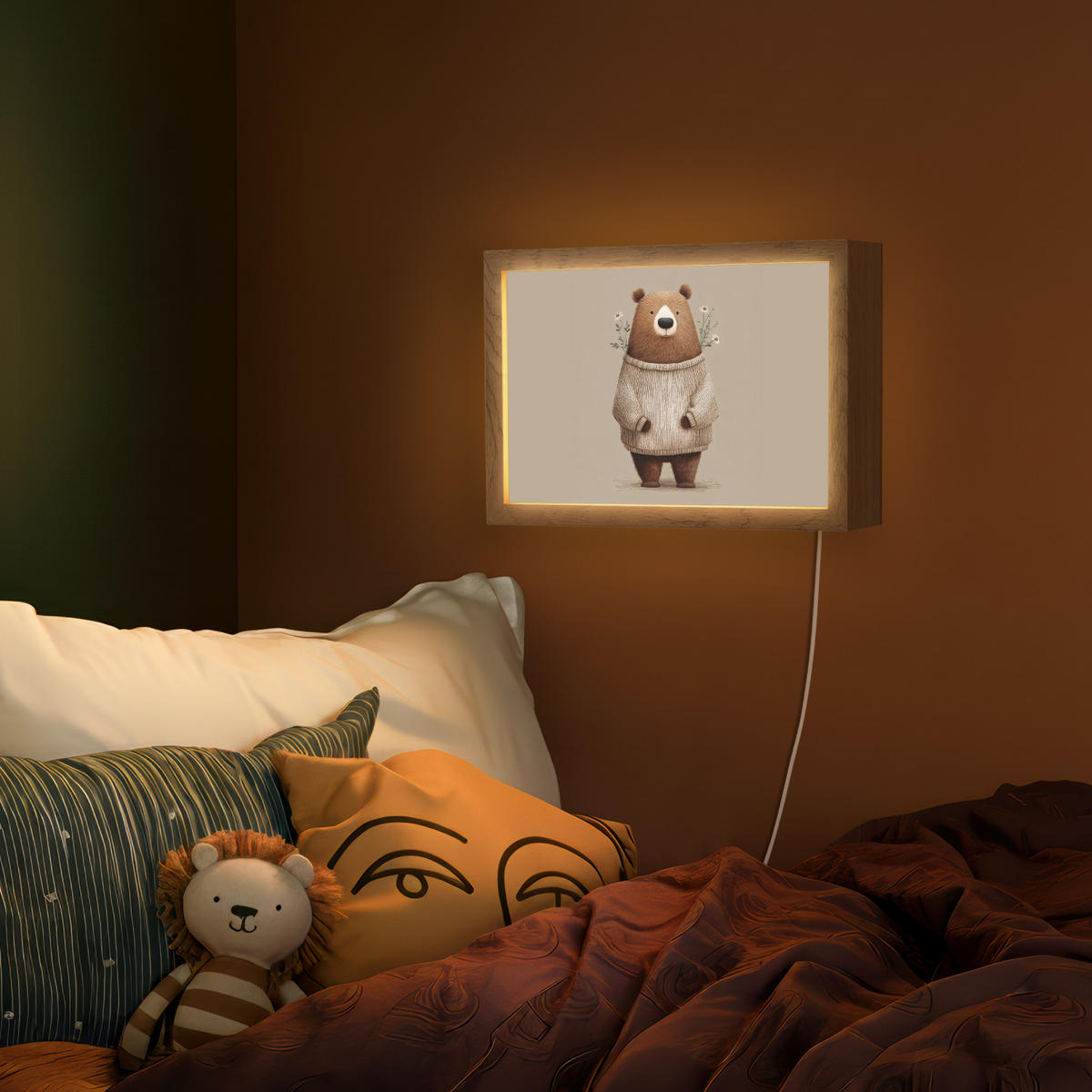 NÁSTĚNNÁ LAMPA Medvěd - Bílé květy - Cosy 30x20 cm - šedohnědá, kompozitní dřevo (30/20/8cm) - OnlyWow