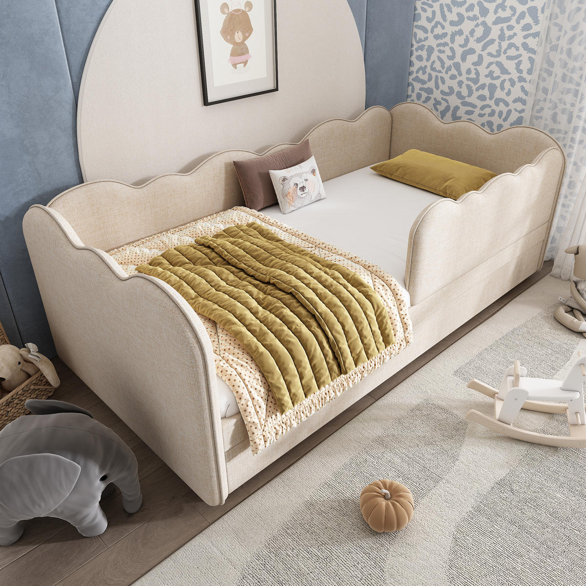 JUGENDBETT 90/190 cm & 90/190 cm in Beige mit Ausziehbett und Lattenrost Leinen - Beige, Holzwerkstoff/Textil (90/190cm) - CHICFURN
