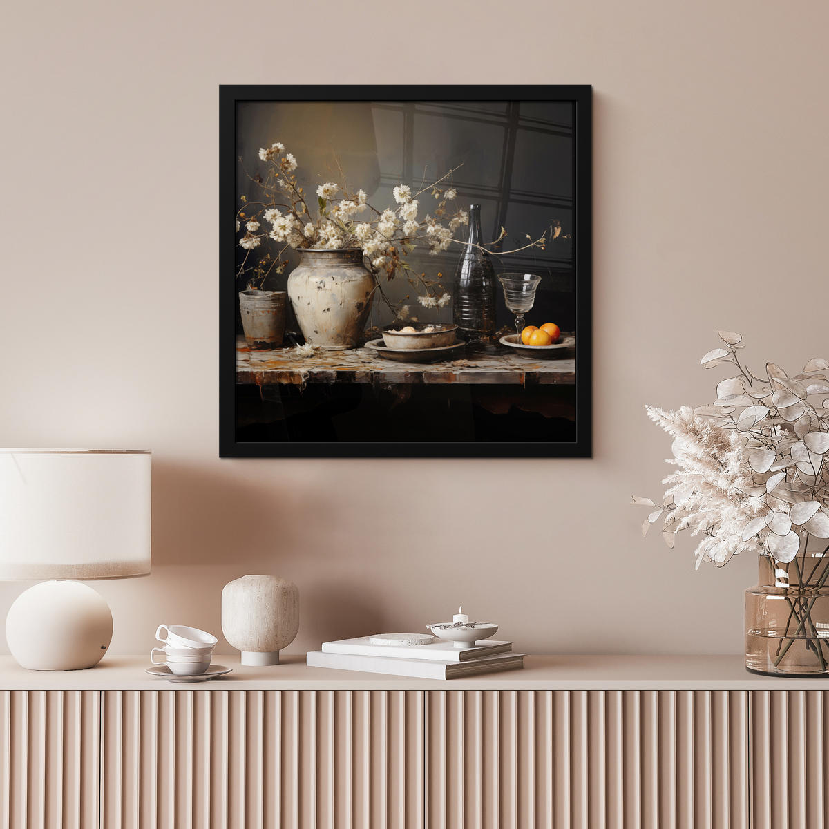 POSTER MIT RAHMEN Stilleben - Blumen - Blumenstrauß - Vase - Wein 40x40 cm - Schwarz, Papier (40/40cm) - MuchoWow