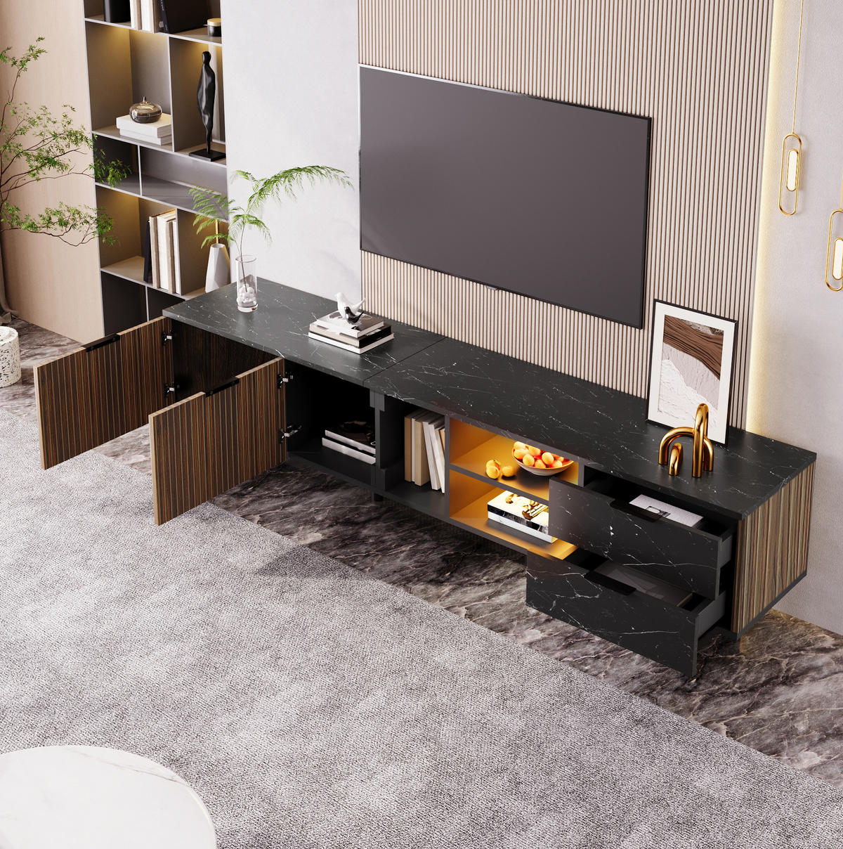 LOWBOARD 200/38/50 cm in Schwarz/Holzmaserung aus MDF mit LED-Beleuchtung - Schwarz, Holzwerkstoff (38/50/200cm) - OKMYHOME