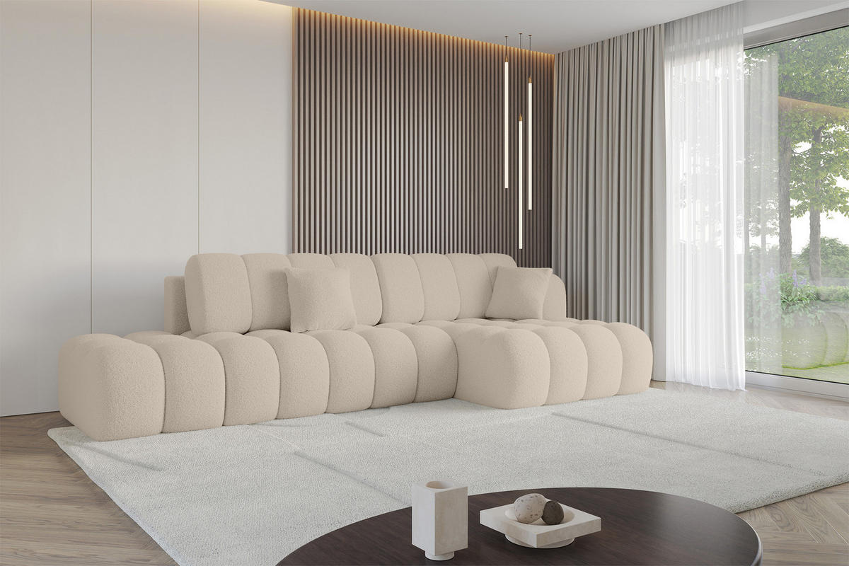 ECKSOFA mit Schlaffunktion Ottomane RECHTS OLEA-L2 321x164x75 Dunkelbeige Bouclé - Hellbraun/Schwarz, Holzwerkstoff/Kunststoff (164/321cm) - ALTDECOR