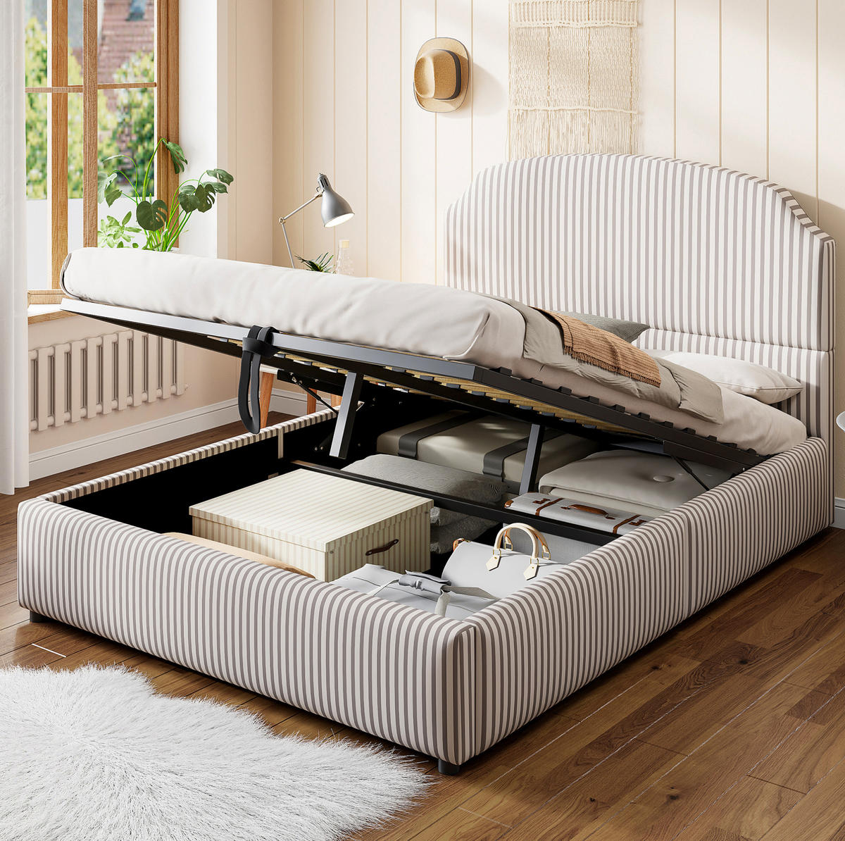POLSTERBETT 140/200 cm mit Bettkasten und gepolstertem Kopfteil - Weiß, Textil (140/200cm) - BEAOK