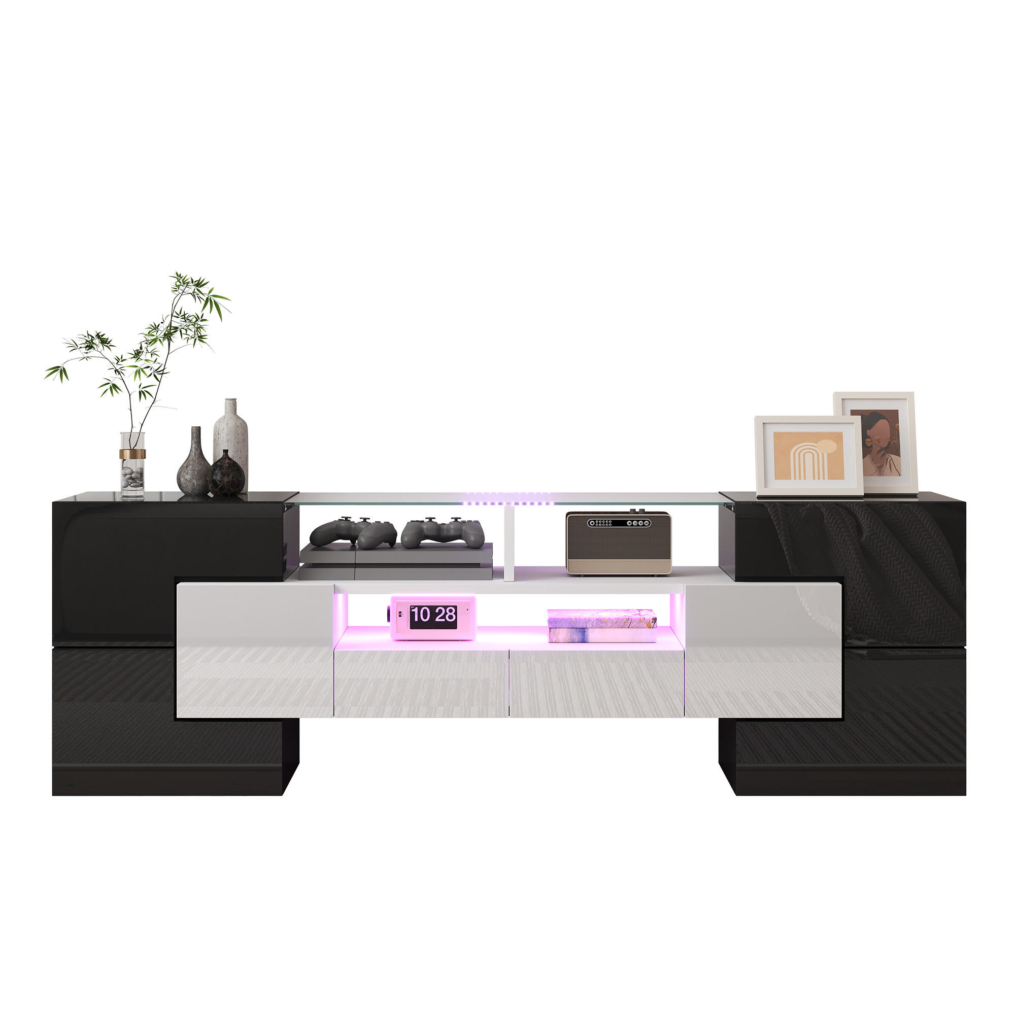 LOWBOARD in Weiß und Schwarz mit LED und Glasoberfläche für Wohnzimmer, 145/B30/H51cm - Schwarz/Weiß, Glas/Holzwerkstoff (145/51/30cm) - STILVORA