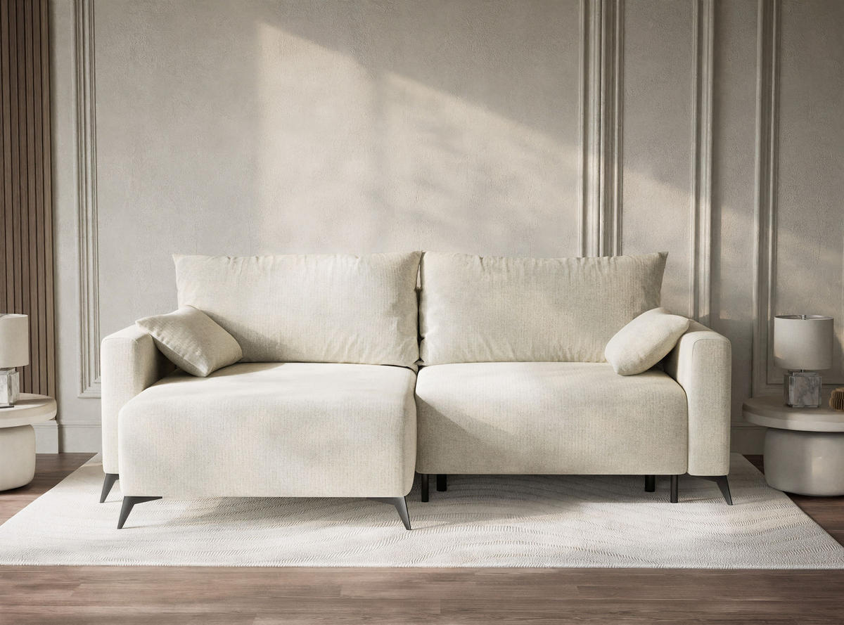 ECKSOFA MIT SCHLAFFUNKTION Leon Creme Chenille-Stoff - Creme/Schwarz, Holz/Holzwerkstoff (148/239cm) - Maison de Reve