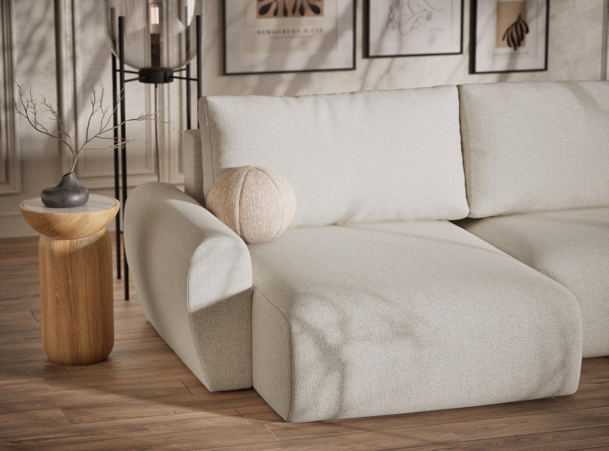 WOHNLANDSCHAFT MIT SCHLAFFUNKTION Numba Creme Webstoff - Creme/Schwarz, Holz/Holzwerkstoff (397/70/153cm) - Maison de Reve