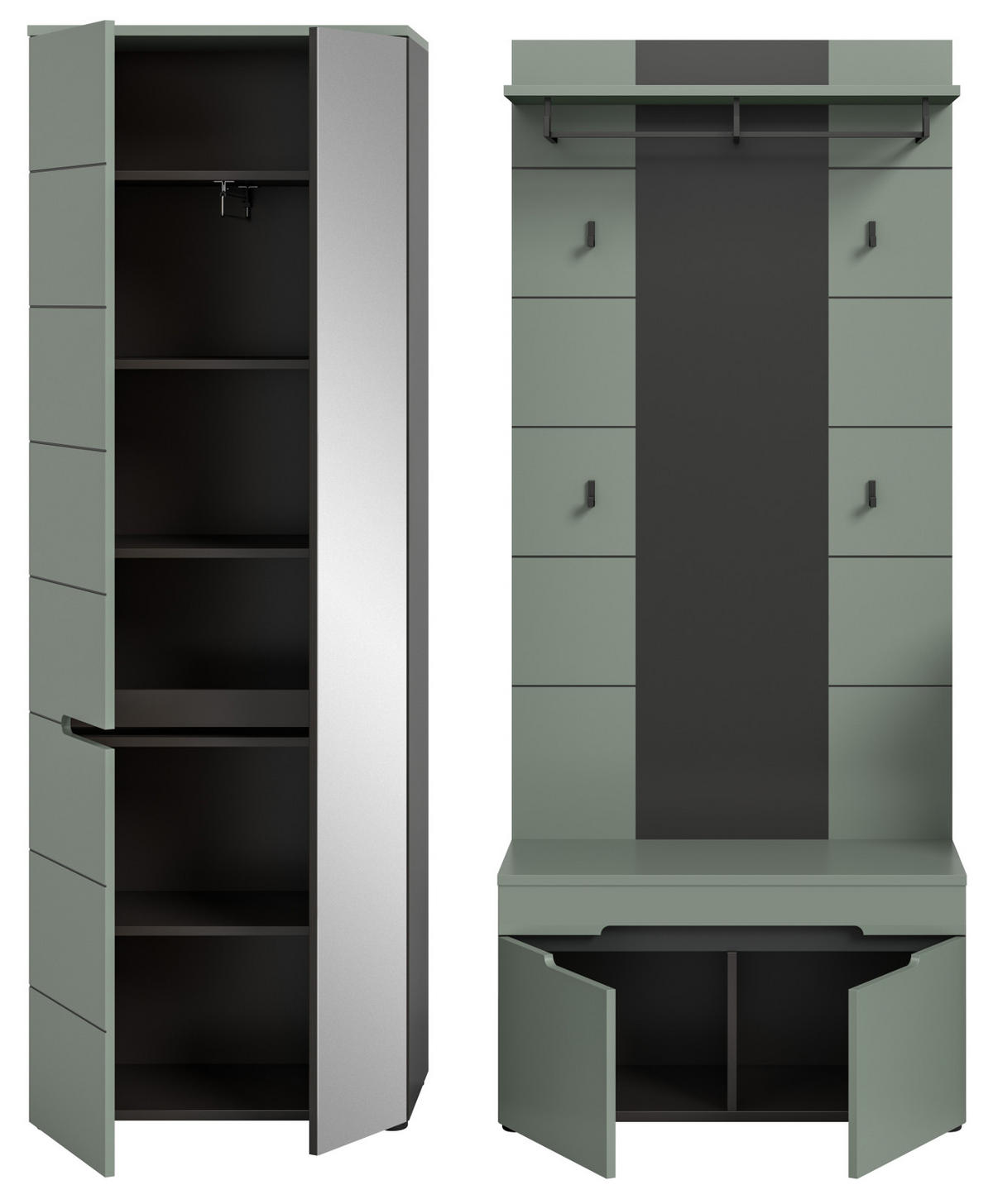 GARDEROBE-SET Salbei und Grau, 3-teilig, 160 x 190 cm, Soft-Close, Cooper - Salbeigrün/Schwarz, Holzwerkstoff/Kunststoff (160/190/37cm) - Inn.Furn