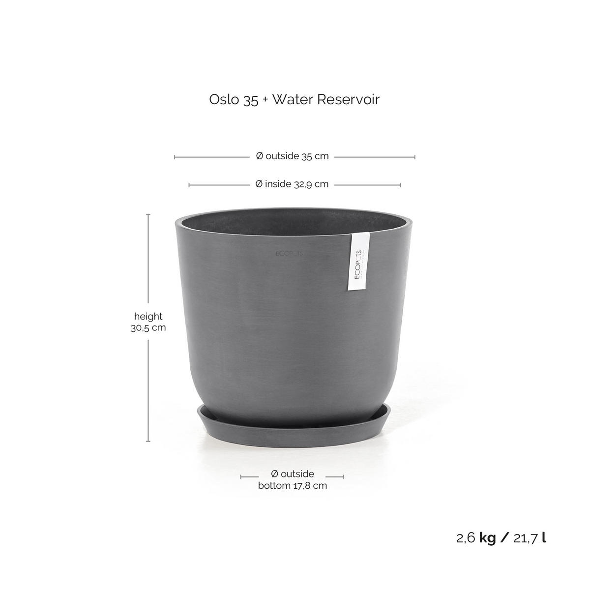 BLUMENTOPF mit Wasserreservoir Oslo 35/30,5 cm Grau - Grau, Kunststoff (35/30.5cm) - Ecopots