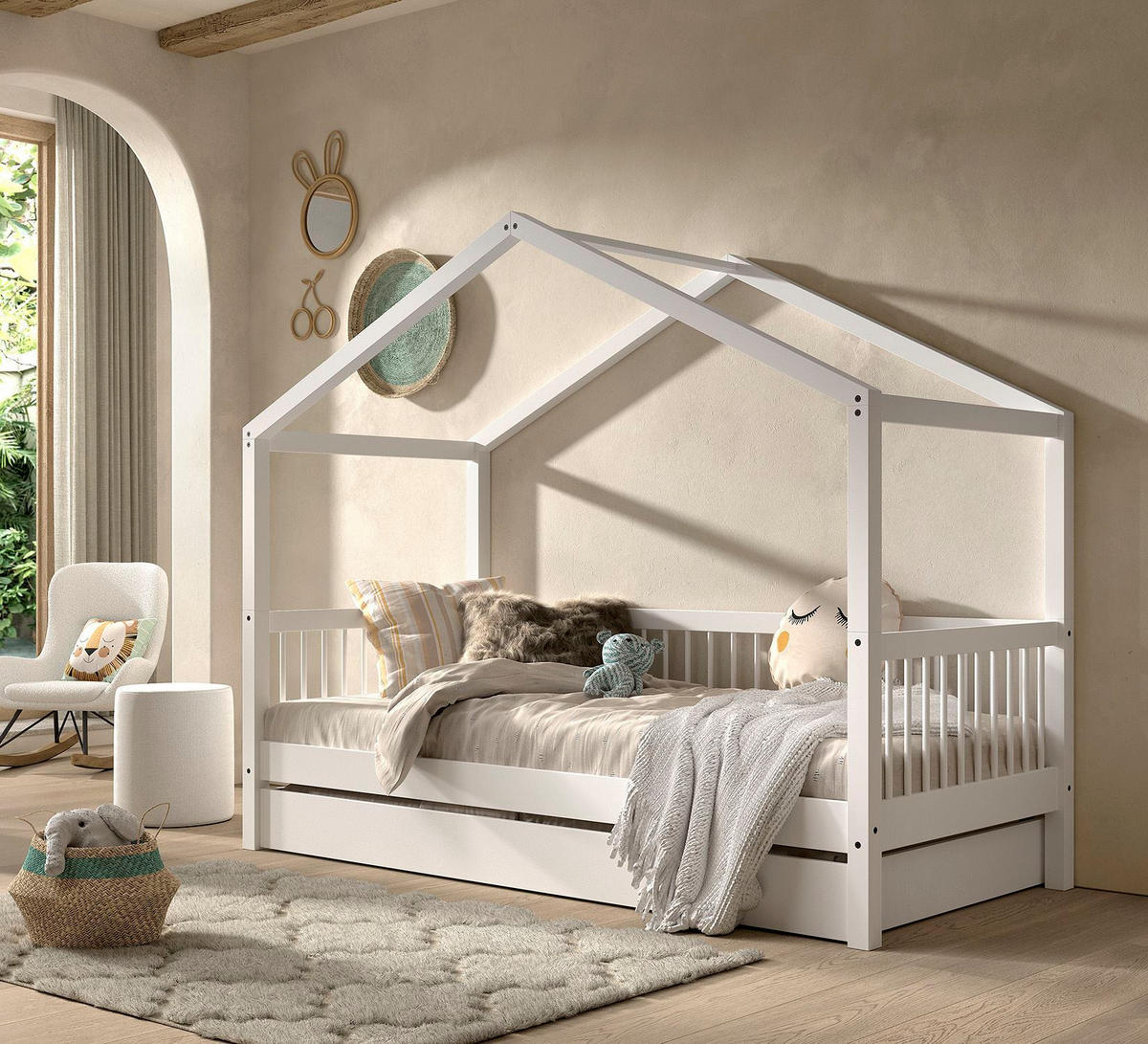 HAUSBETT 90x200 Keeley Buche Weiß Holz Schublade Komfort Stabil Design - Weiß, Holz (90/200cm) - 58aufmkessel